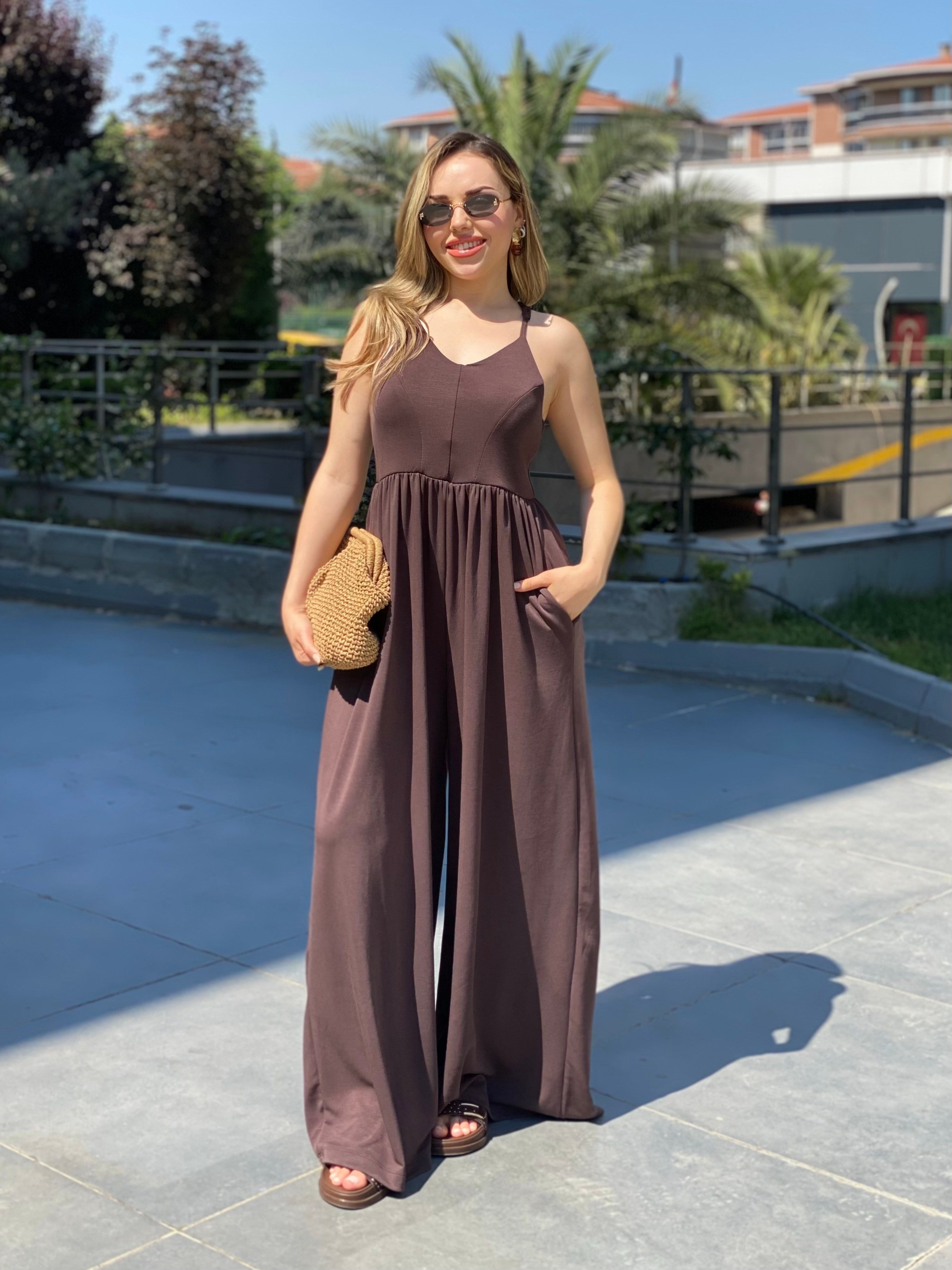 Kahve Sırt Çapraz Model Viskon Tulum
