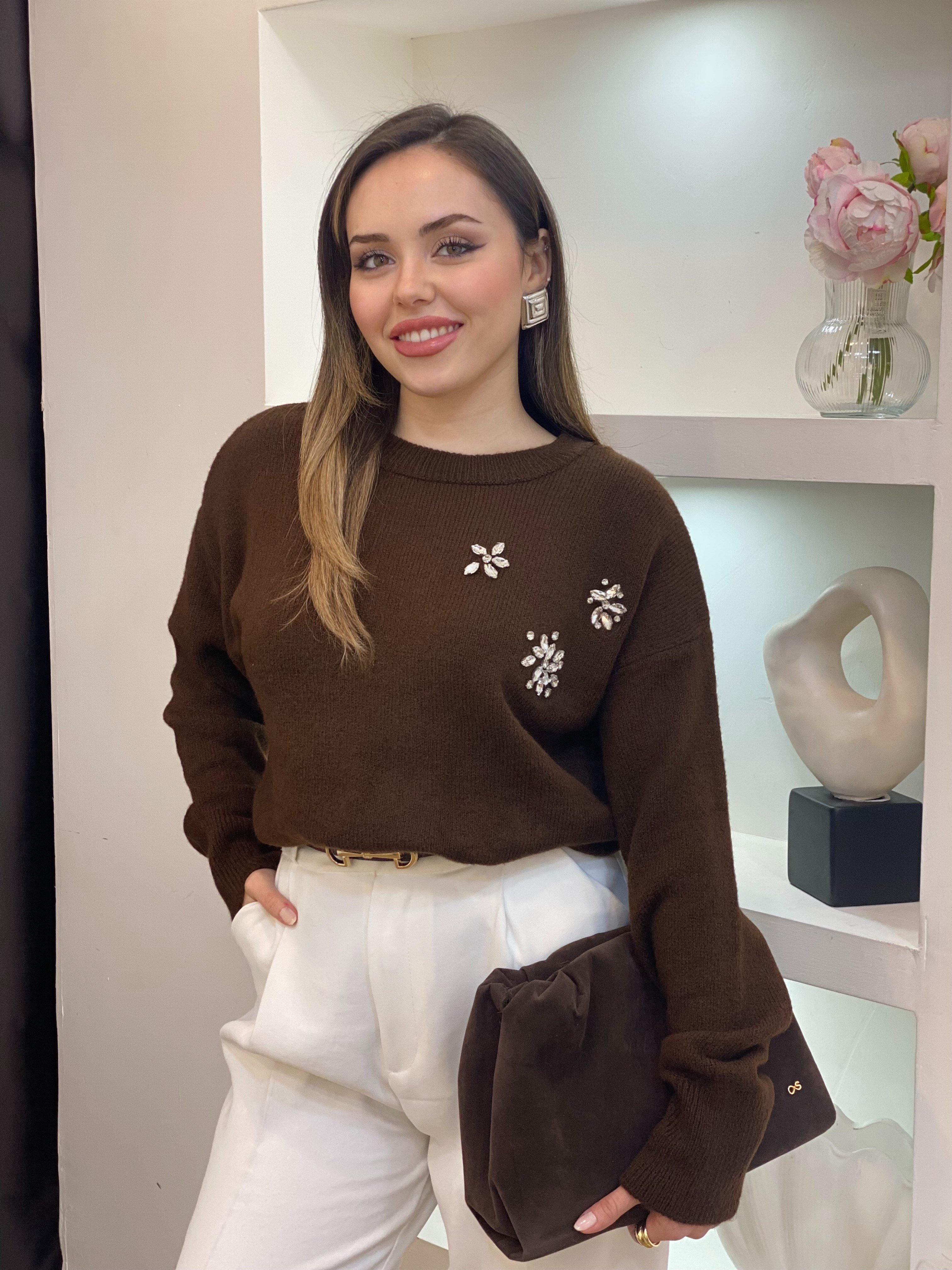 Kahve Taşlı Model Triko Kazak