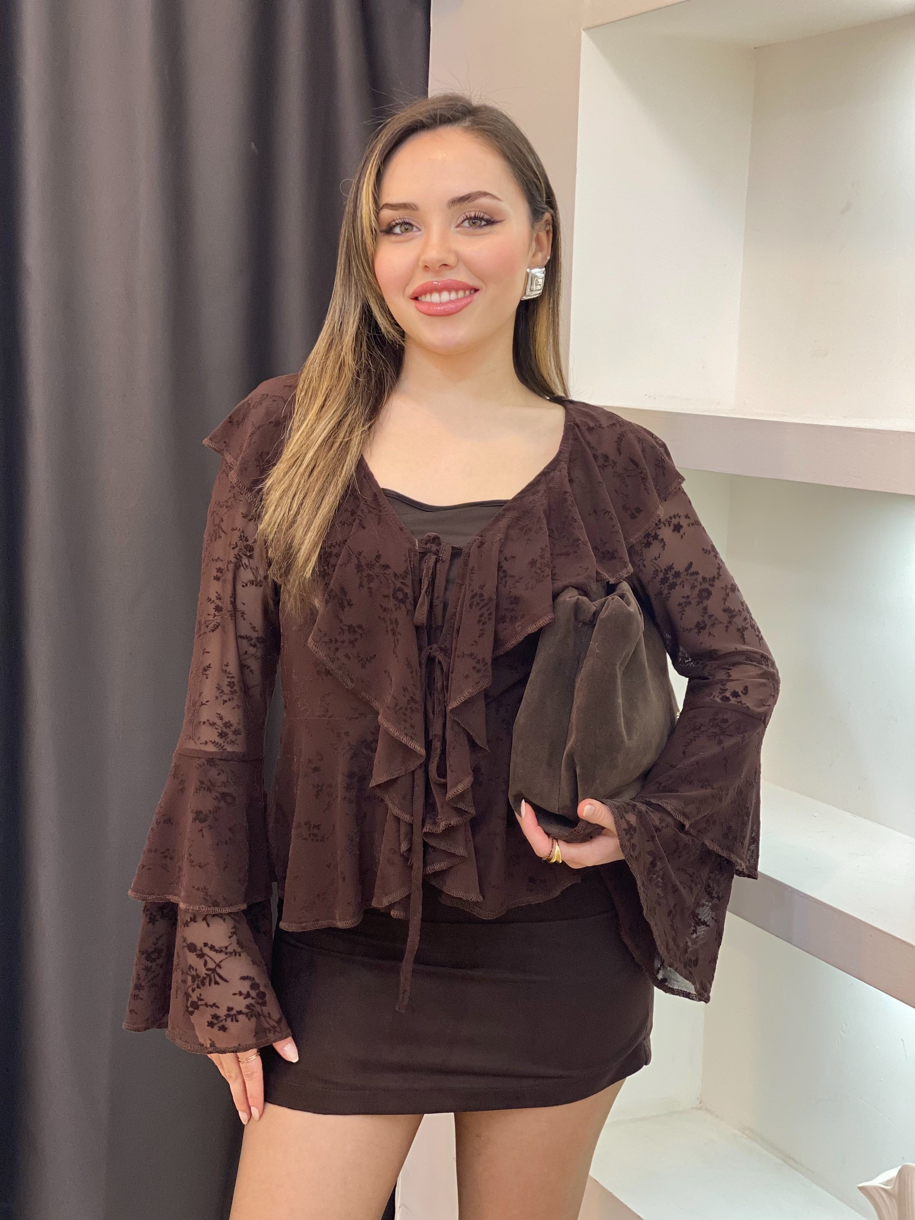 Kahve Volanlı Önü Bağlamalı Bluz