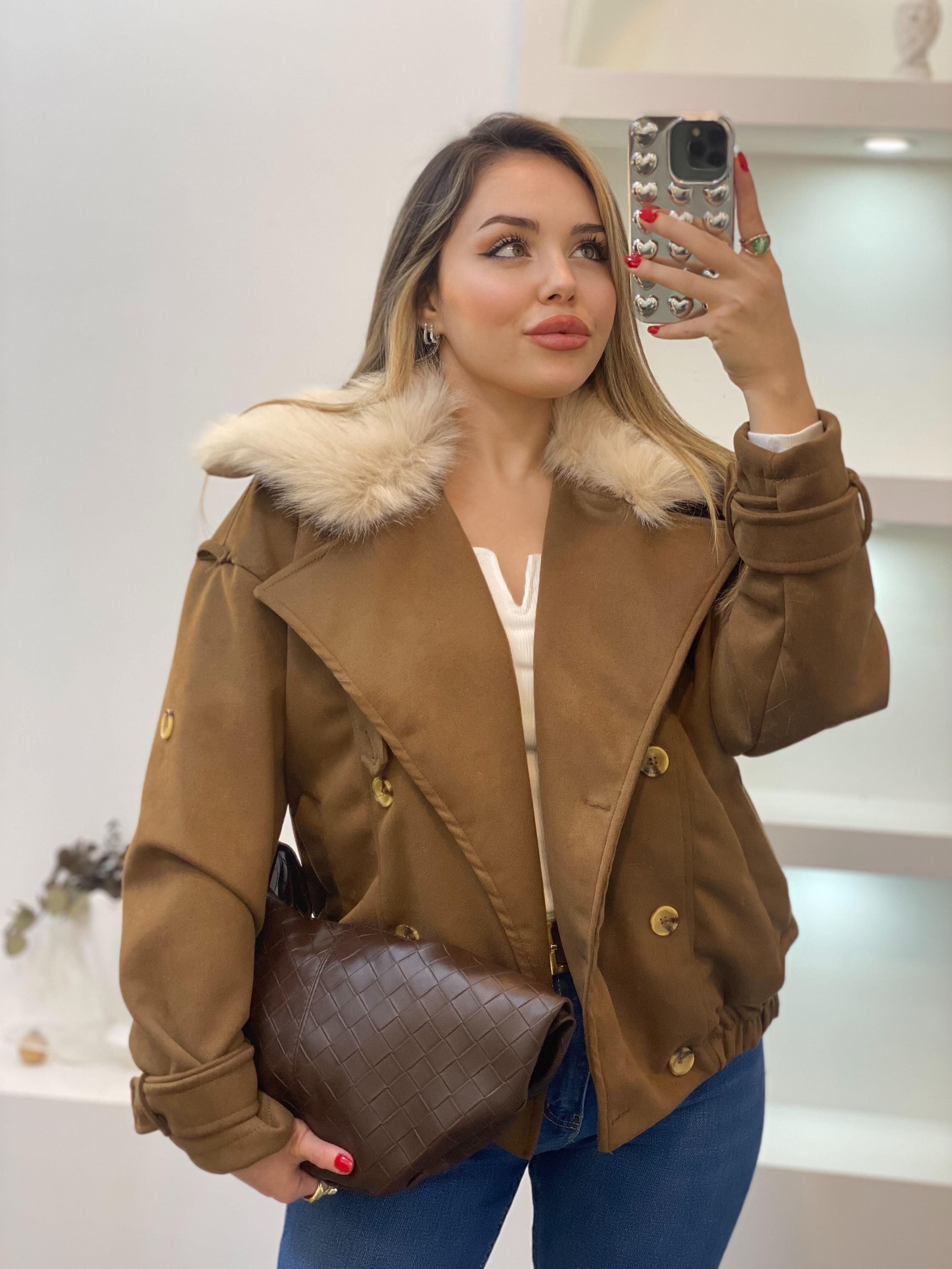 Kahve Yaka Kürklü Süet Ceket