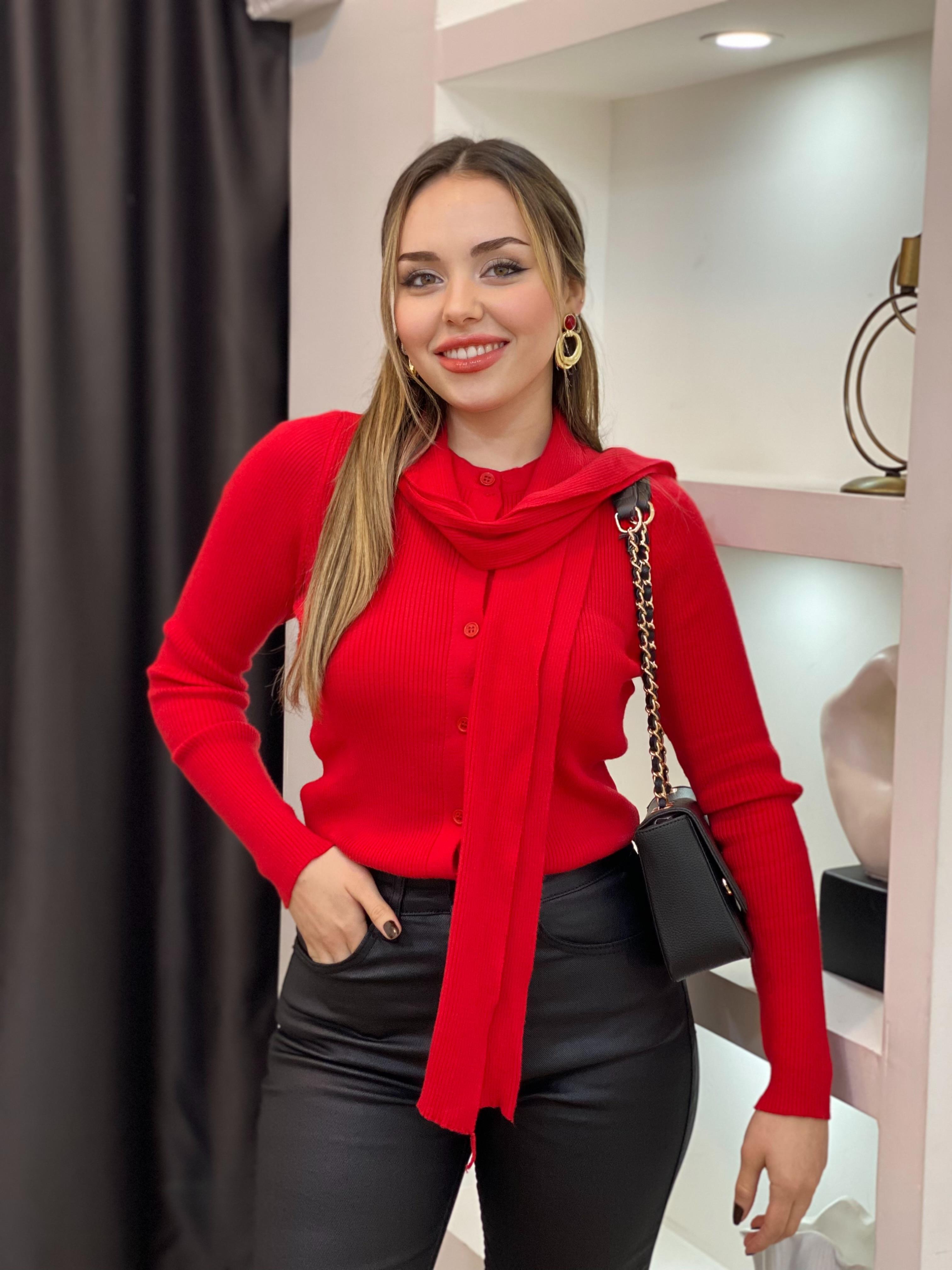 Kırmızı Atkı Detaylı Premium Elit Triko Hırka 