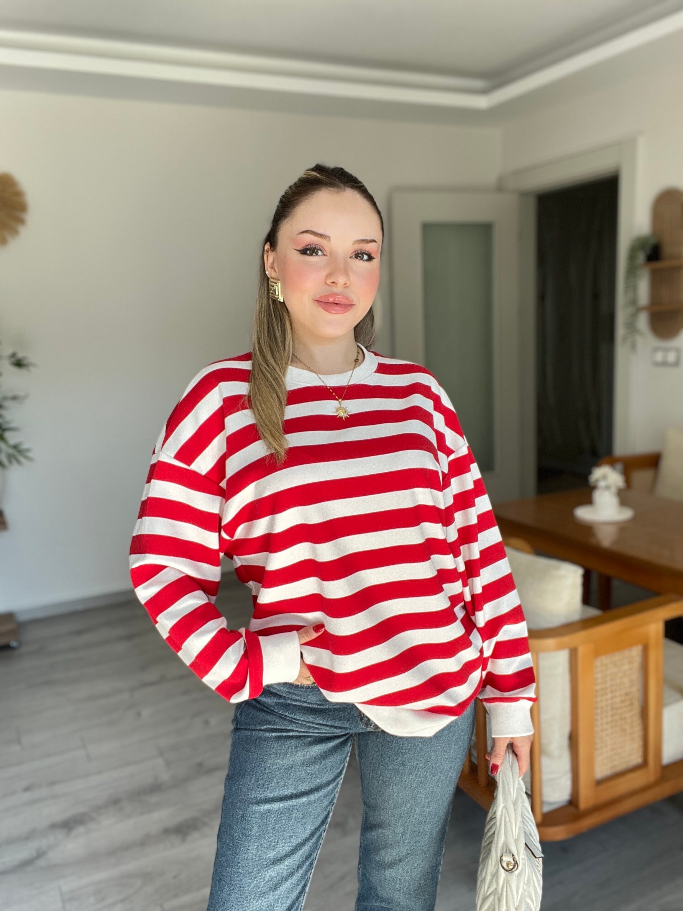 Kırmızı Beyaz Çizgili Oversize Modal Sweatshirt 