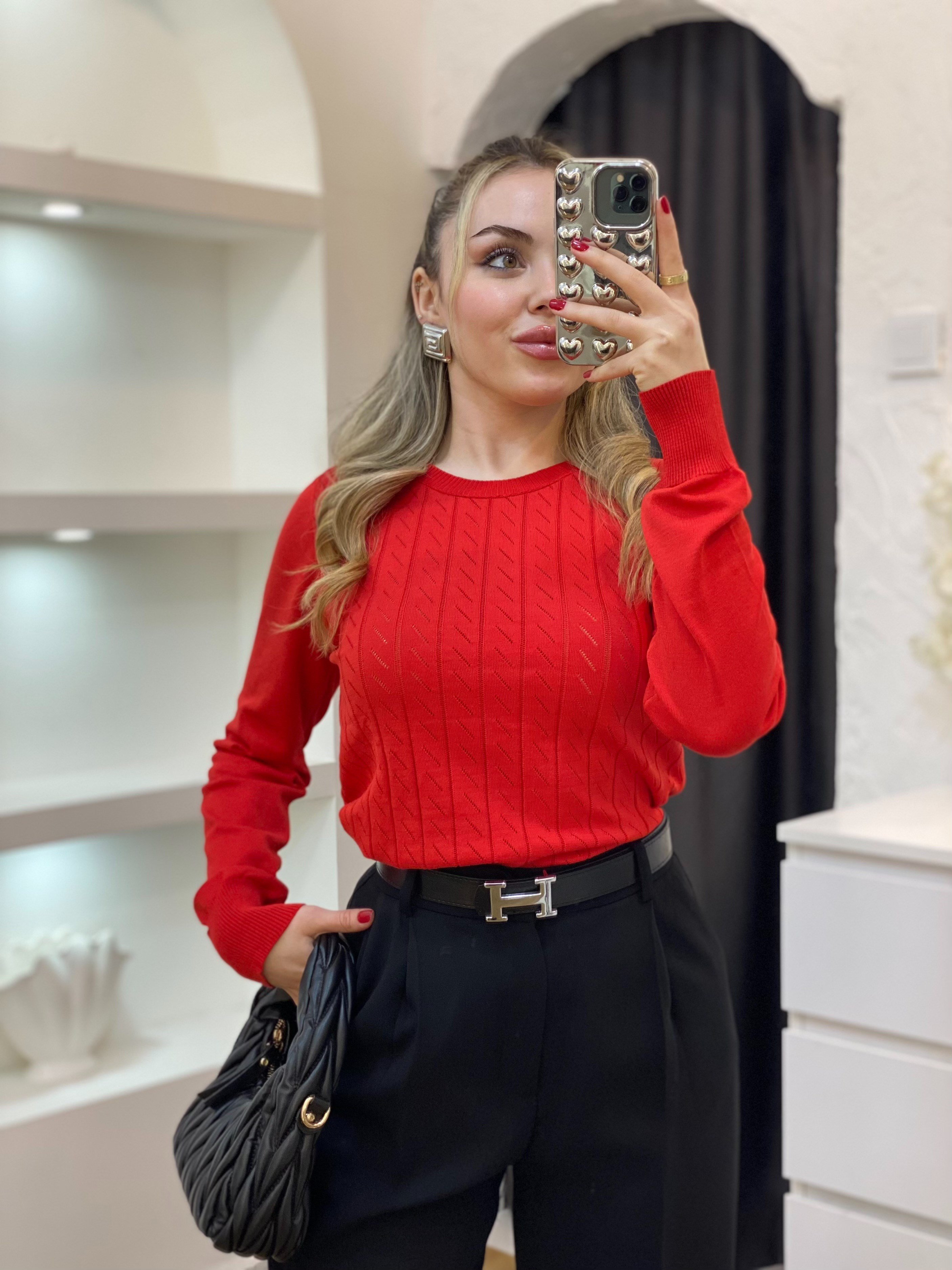 Kırmızı Desenli Triko Bluz