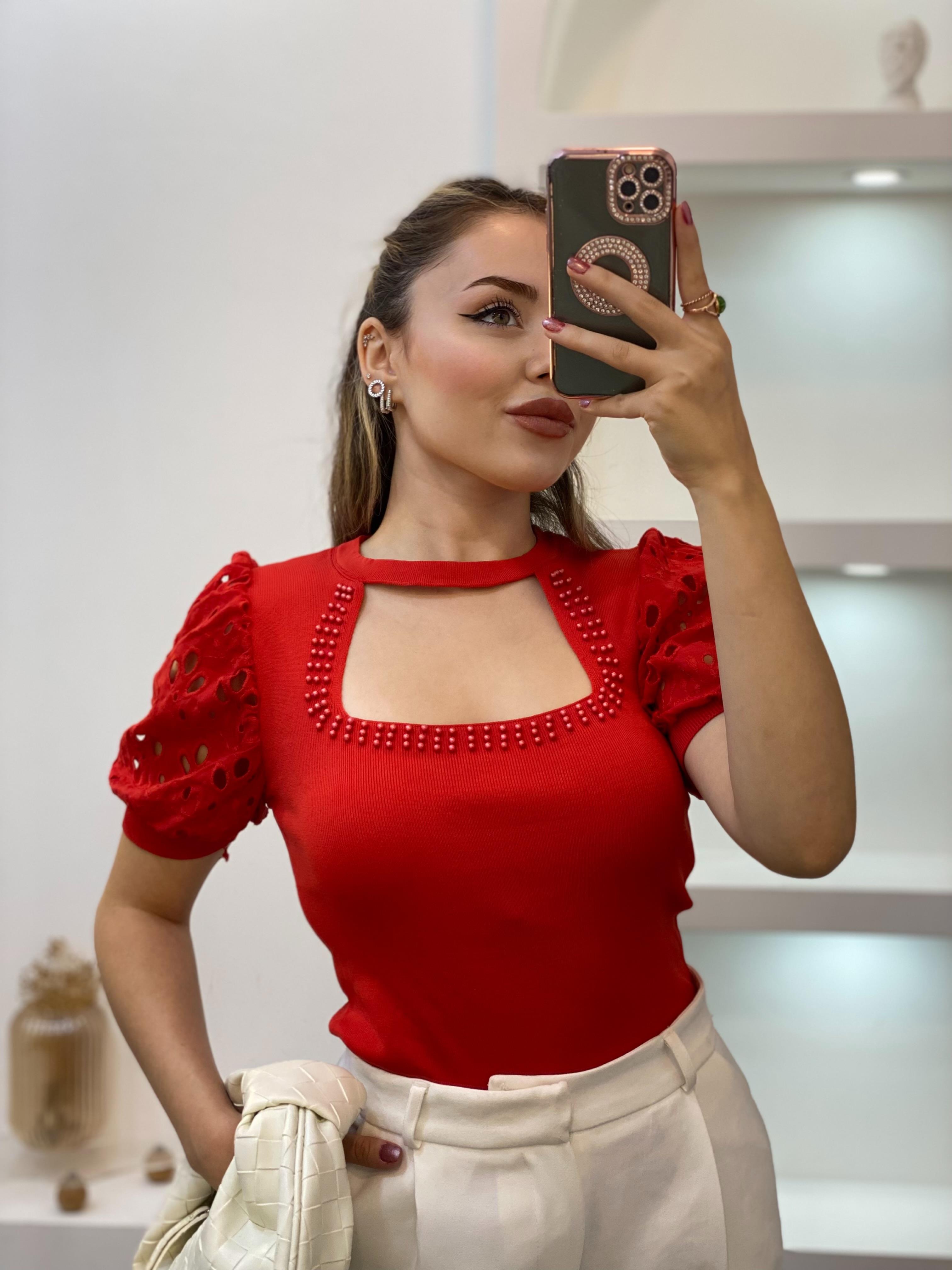 Kırmızı Fisto Kol Önü Pencereli Model Triko