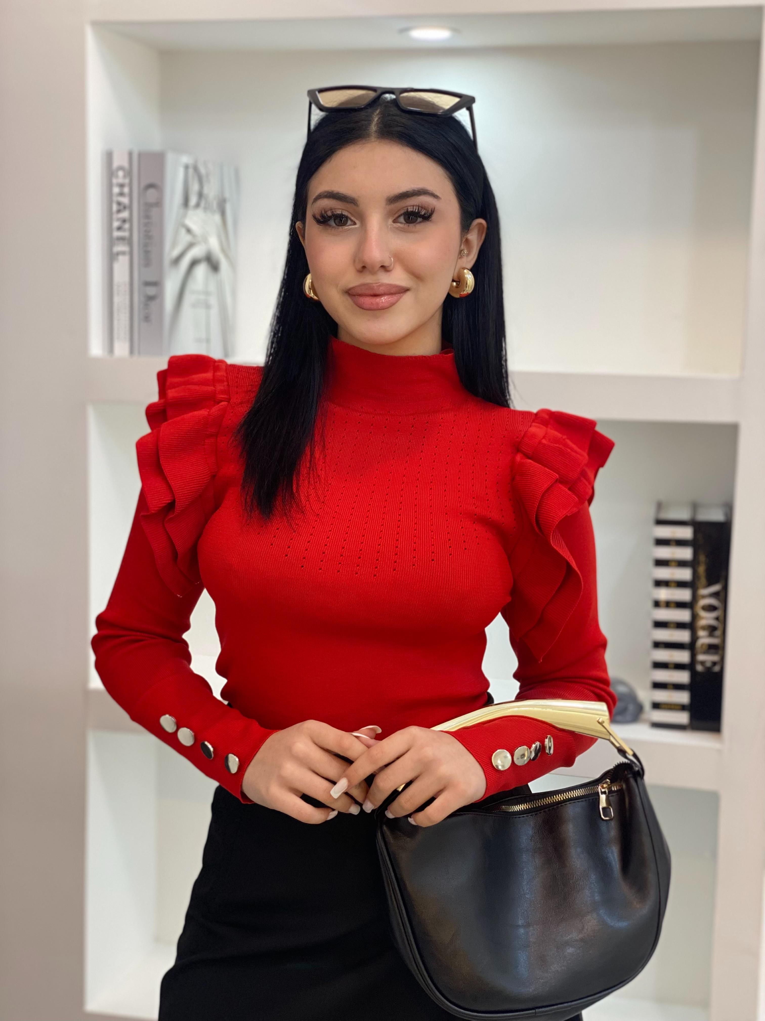 Kırmızı Kolları Volanlı Triko