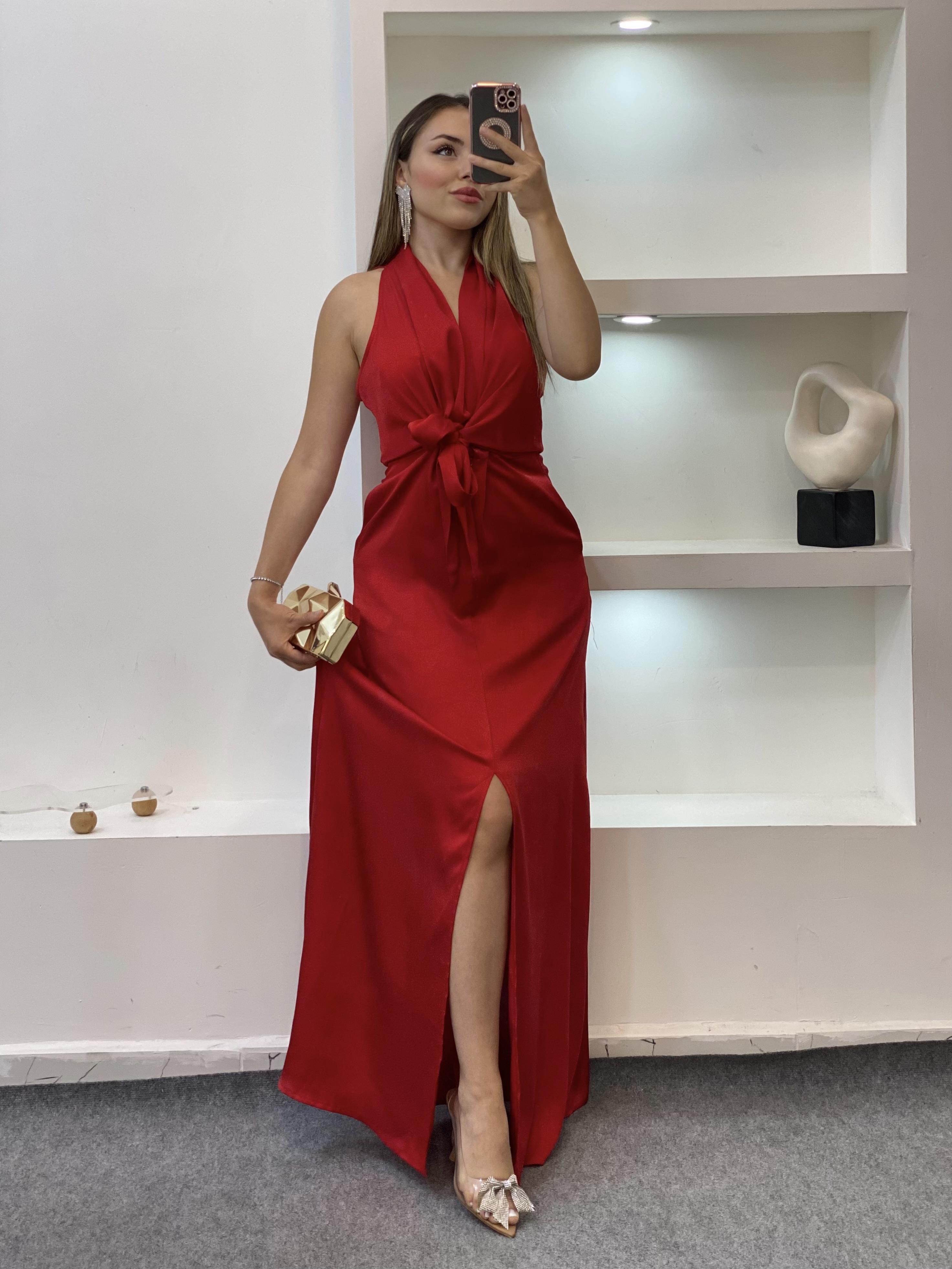 Kırmızı Maxi Boy Önü Bağlamalı Model Elbise