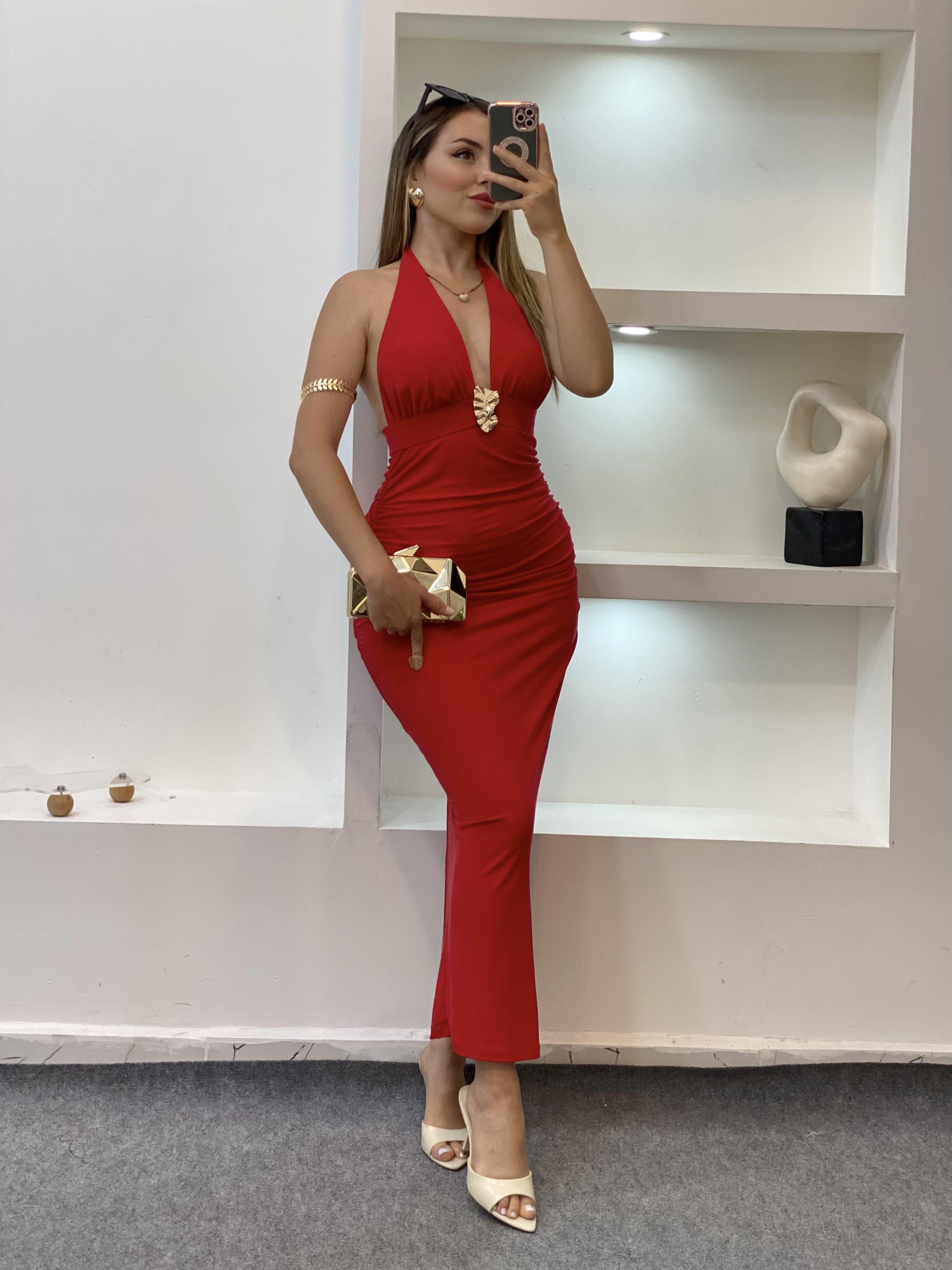 Kırmızı Premium Kalite Sırt Dekolteli Elbise