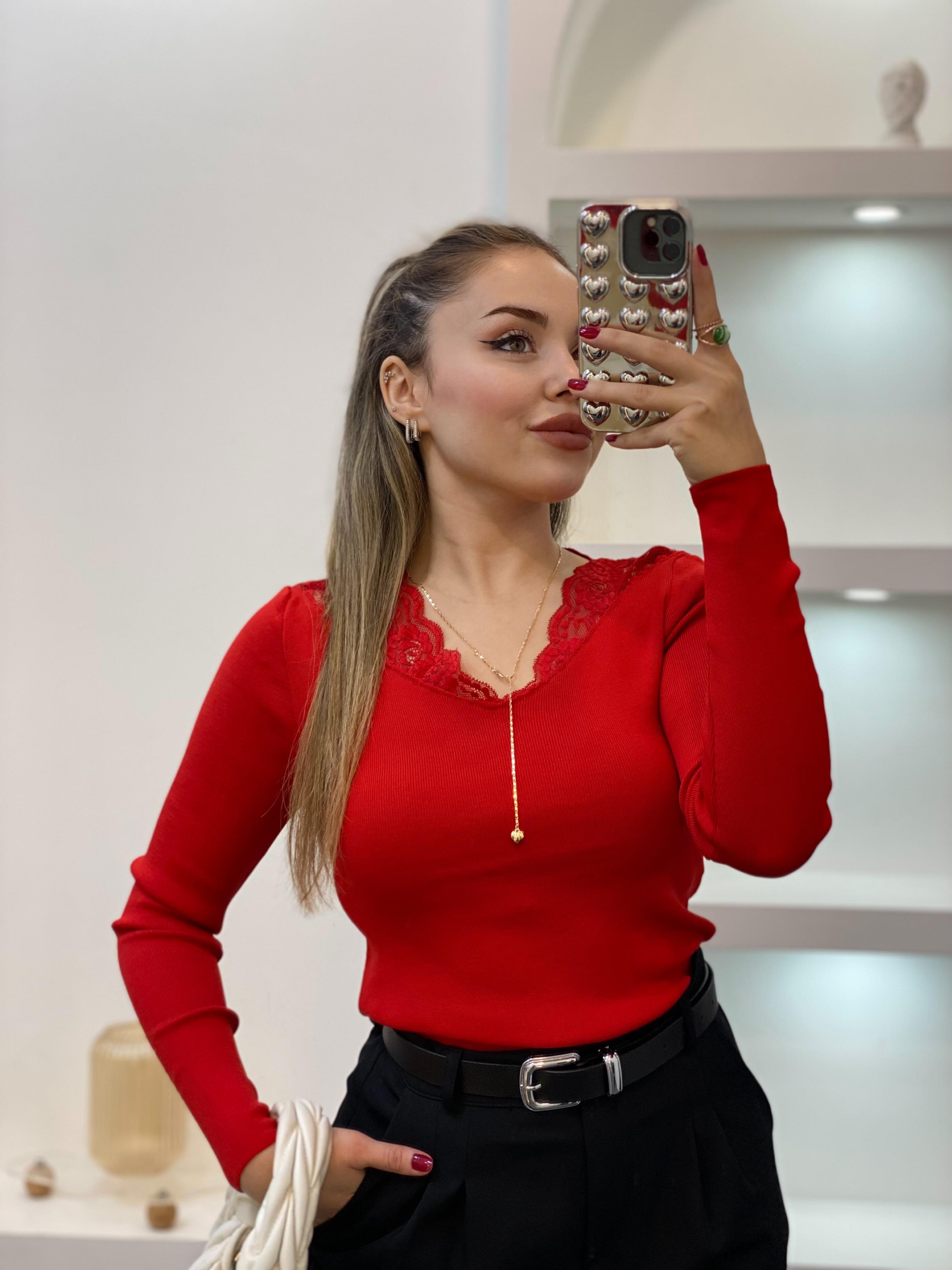 Kırmızı V Yaka Dantel Detaylı Triko Bluz