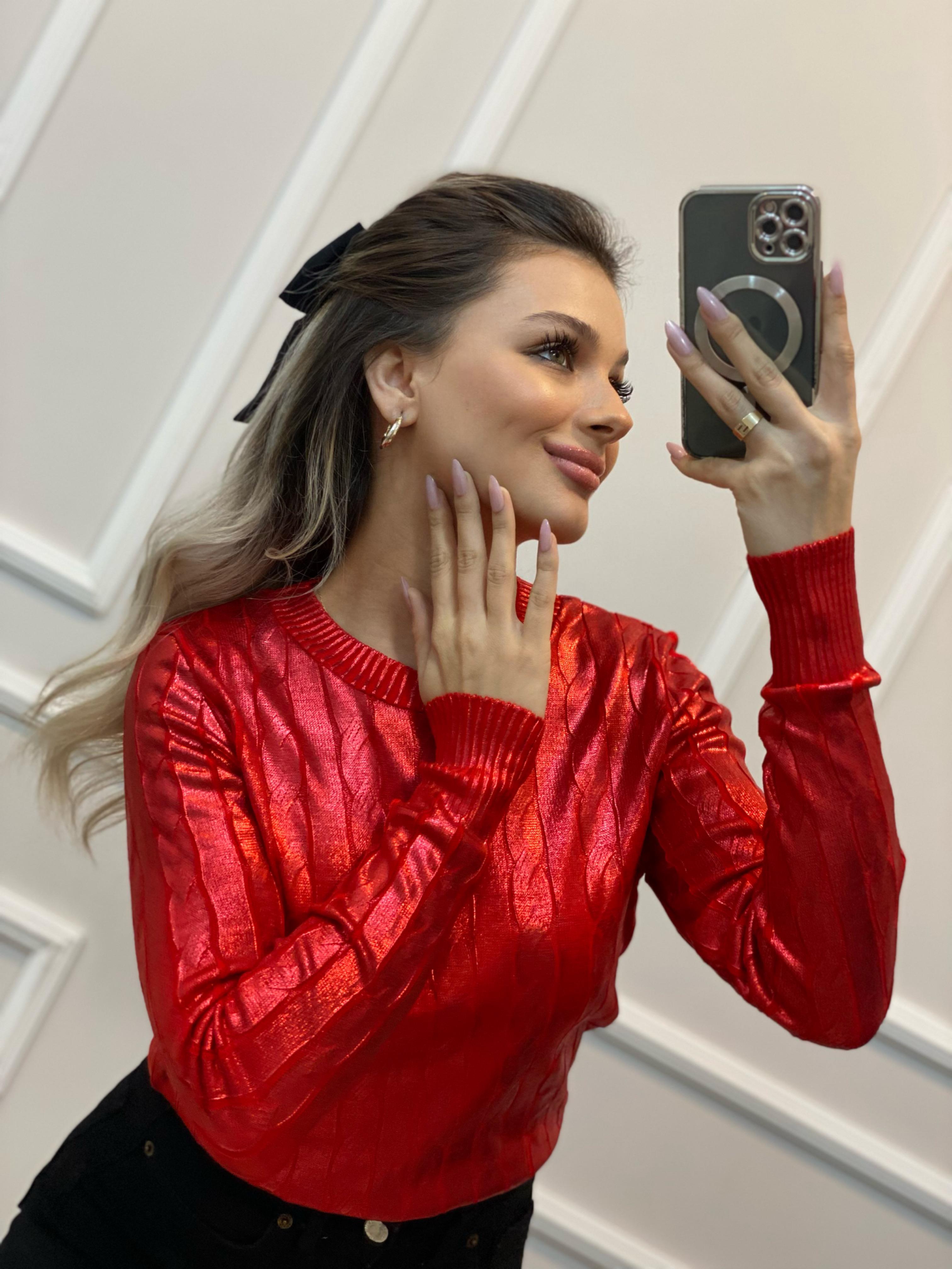 Kırmızı Varak Baskılı Zincir Örgü Model Triko