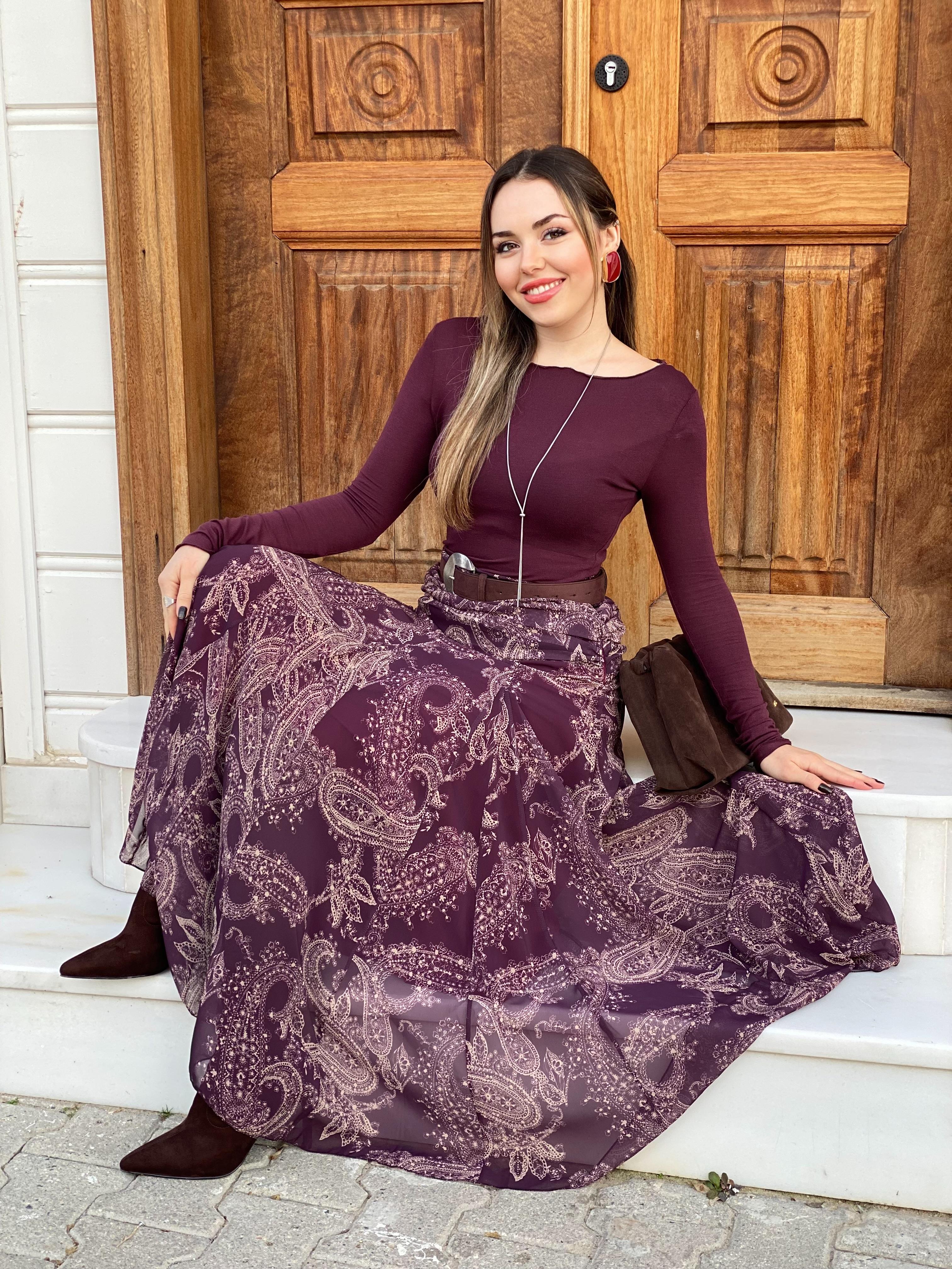 Koyu Bordo Desenli Beli Drapeli Etek