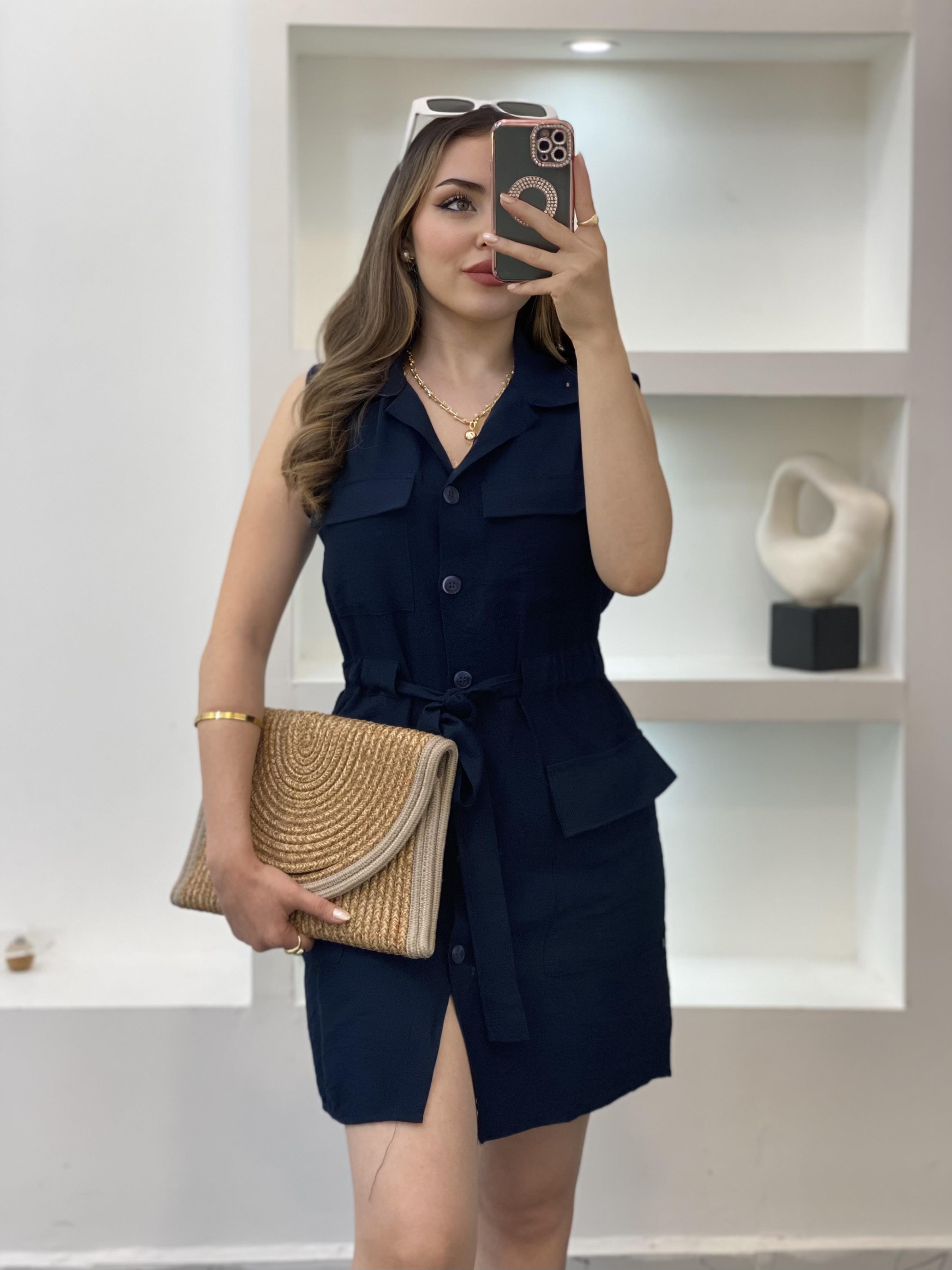 Lacivert Beli Kuşaklı Cepli Tensel Gömlek Elbise