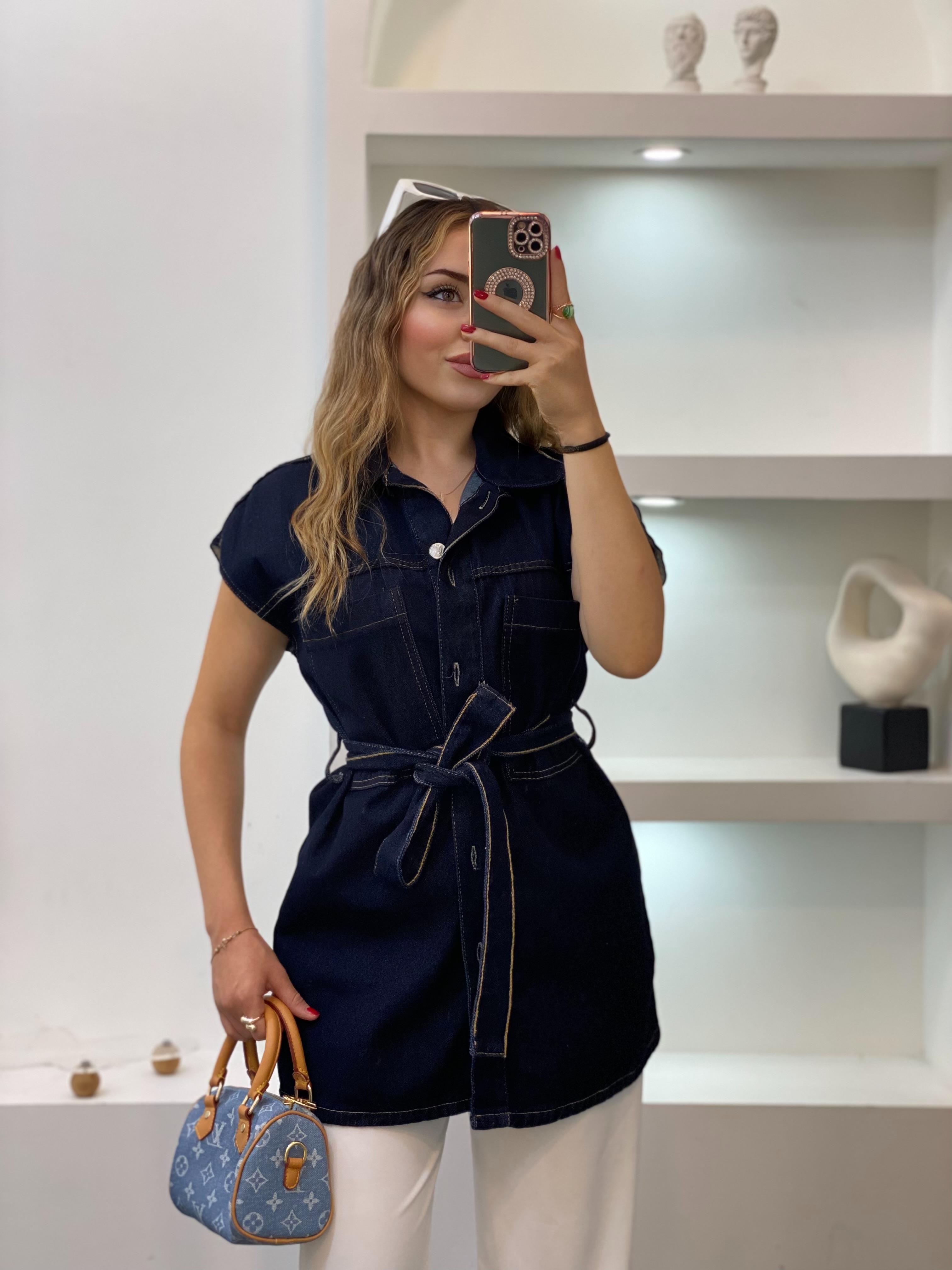 Lacivert Denim Kuşaklı Yelek