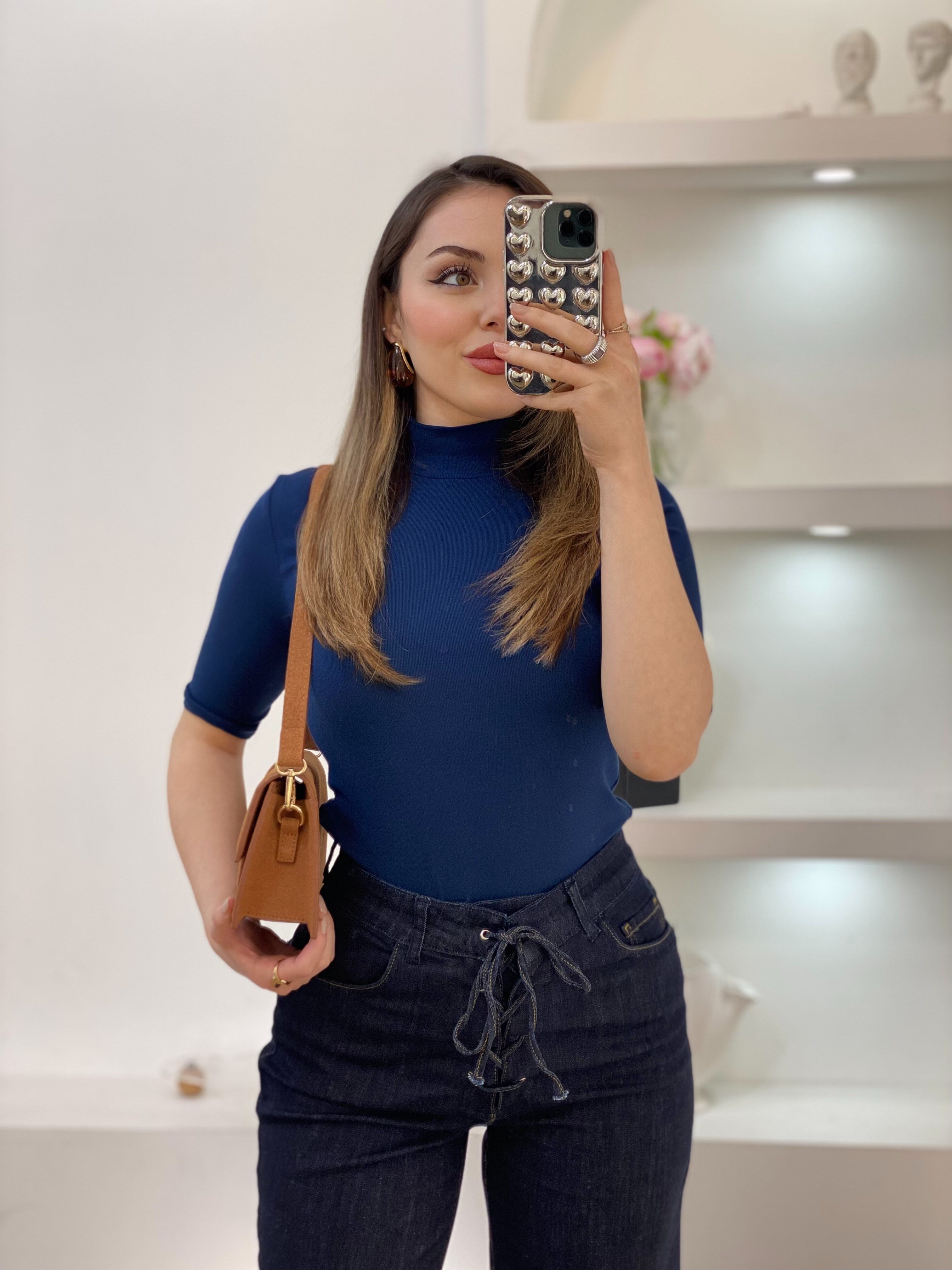 Lacivert Likralı Premium Yarım Boğazlı Bluz