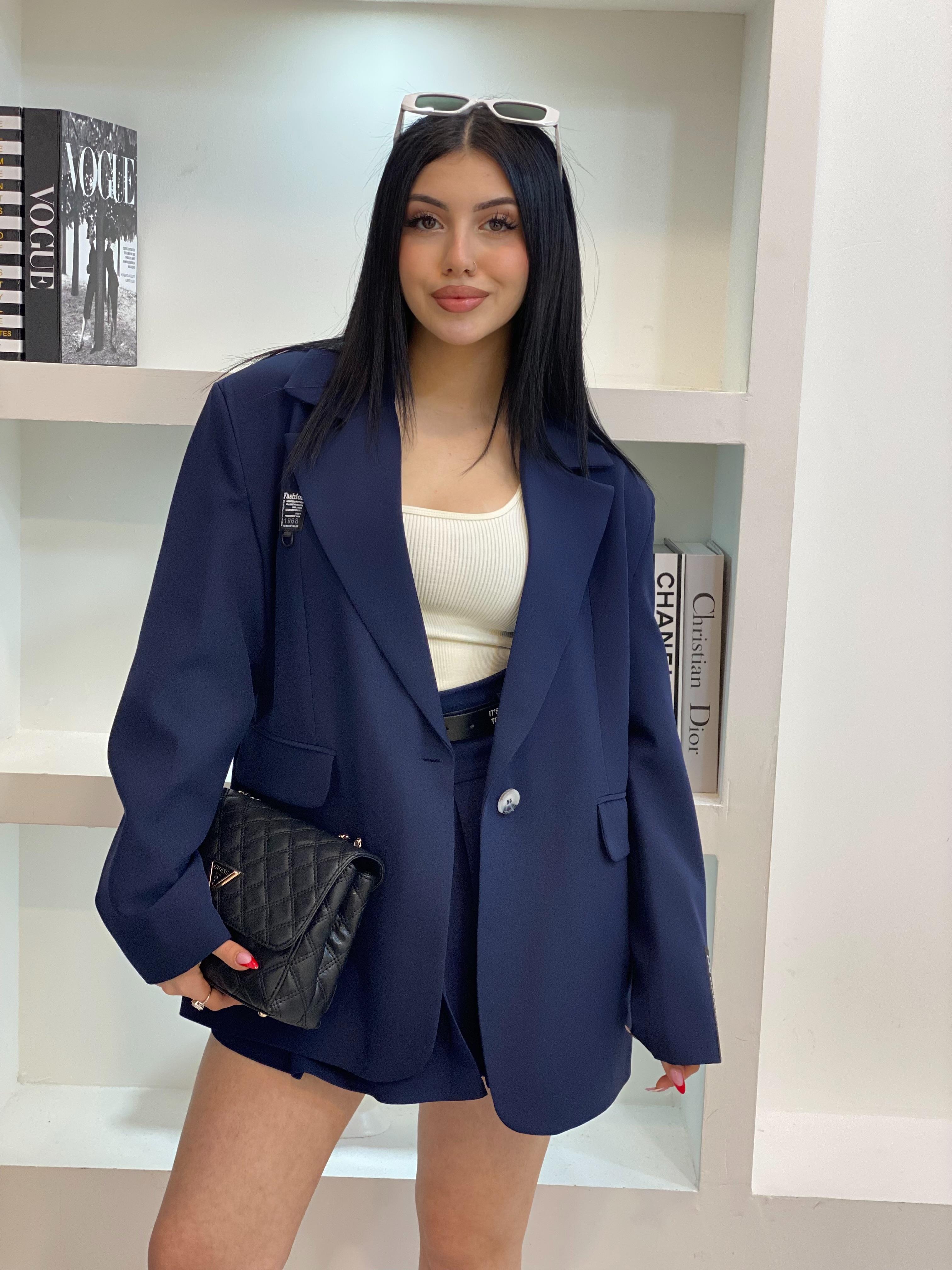 Lacivert Oversize Kolu Yazılı Spor Blazer Ceket