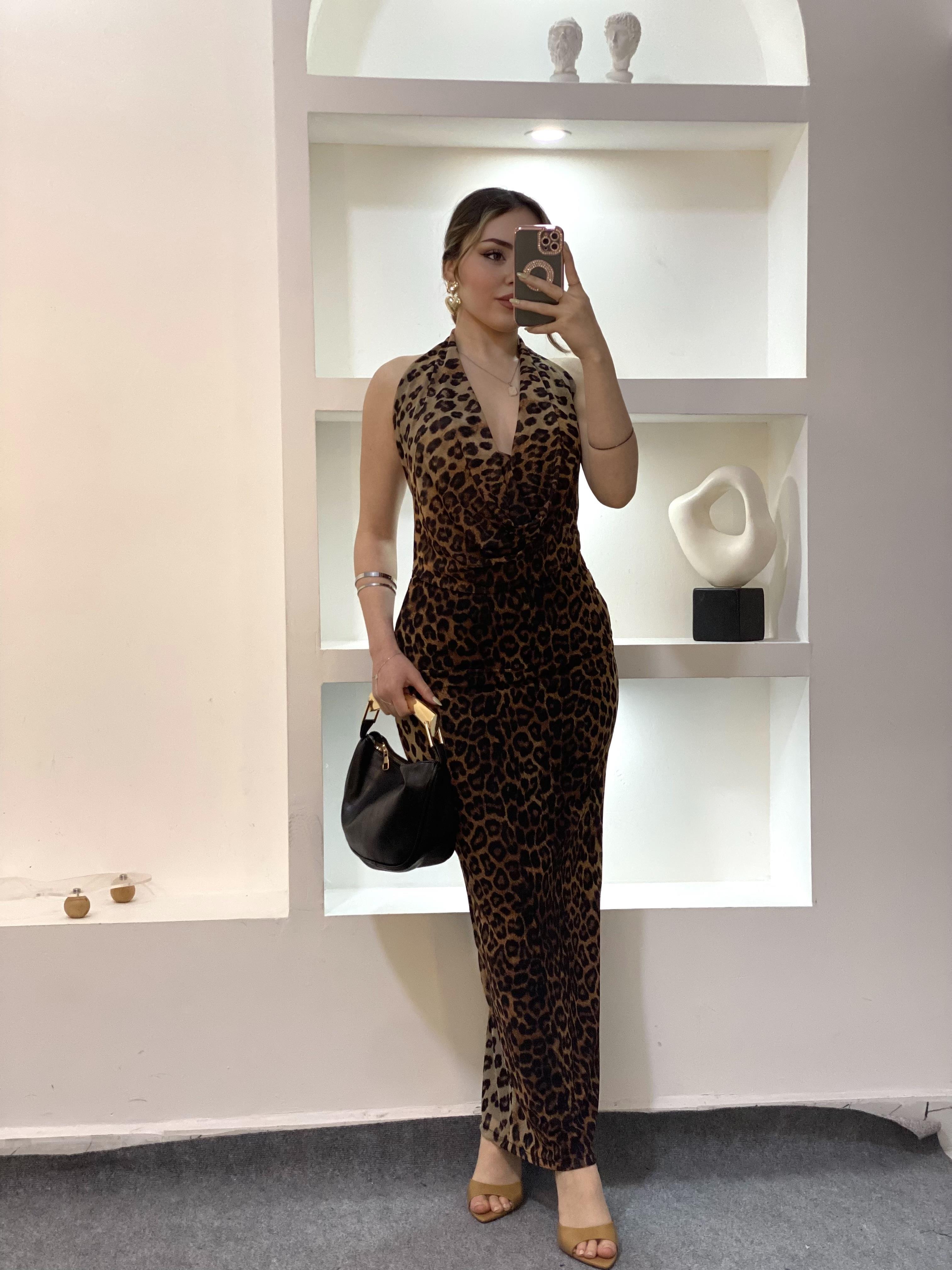 Leopar Desen Degaje Yaka Sırt Dekolteli Elbise