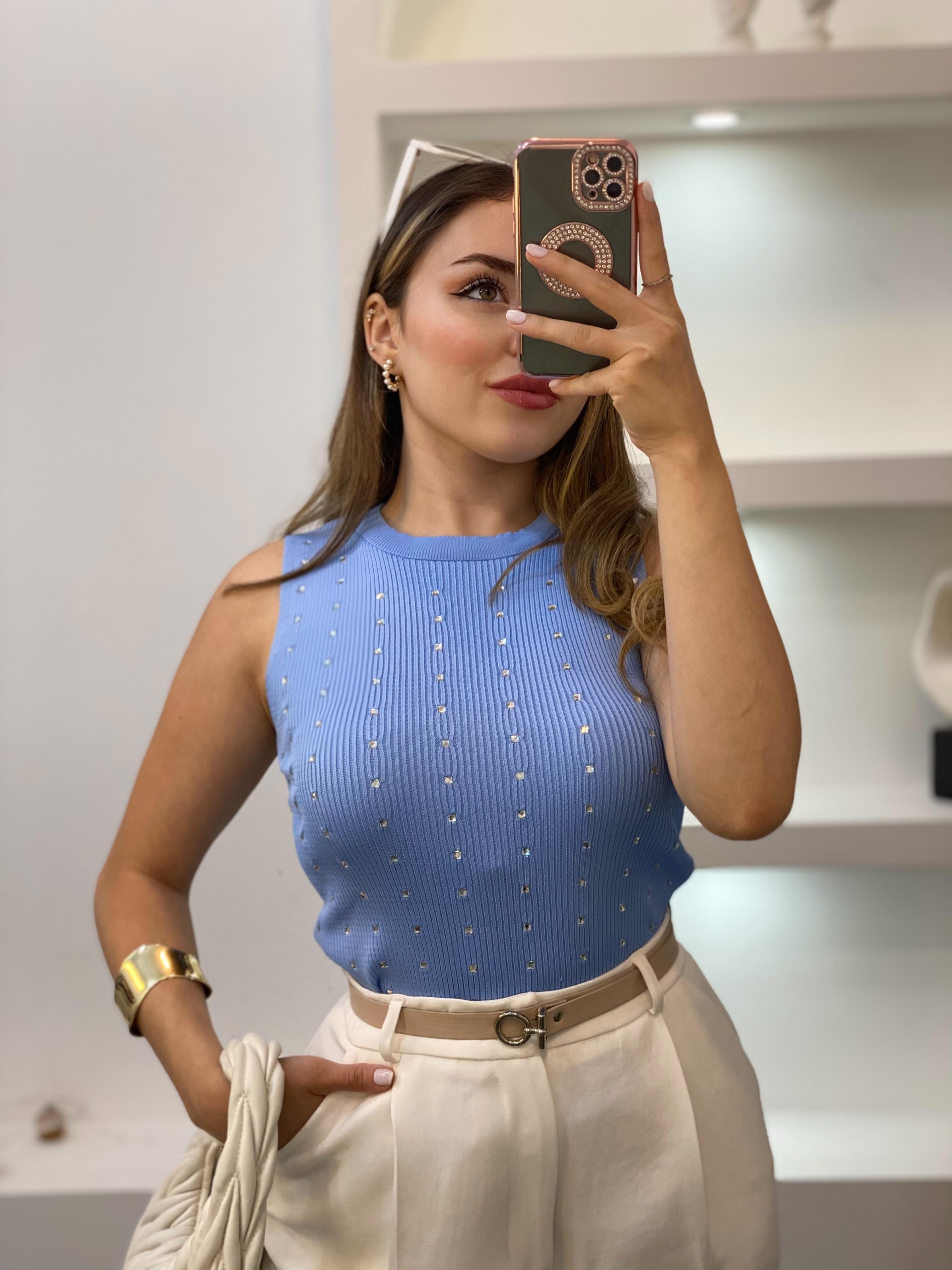 Mavi Damla Taşlı Triko Bluz