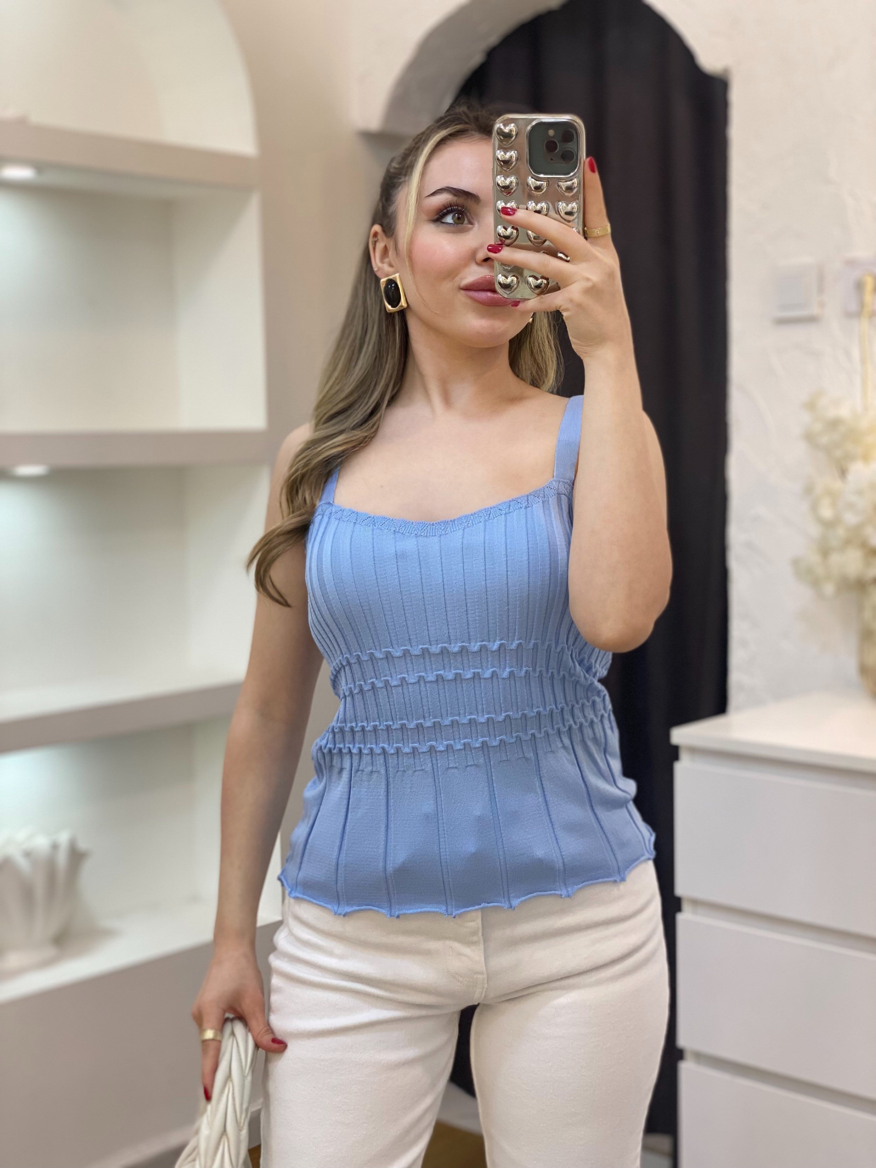 Mavi Desenli Askılı Triko Bluz