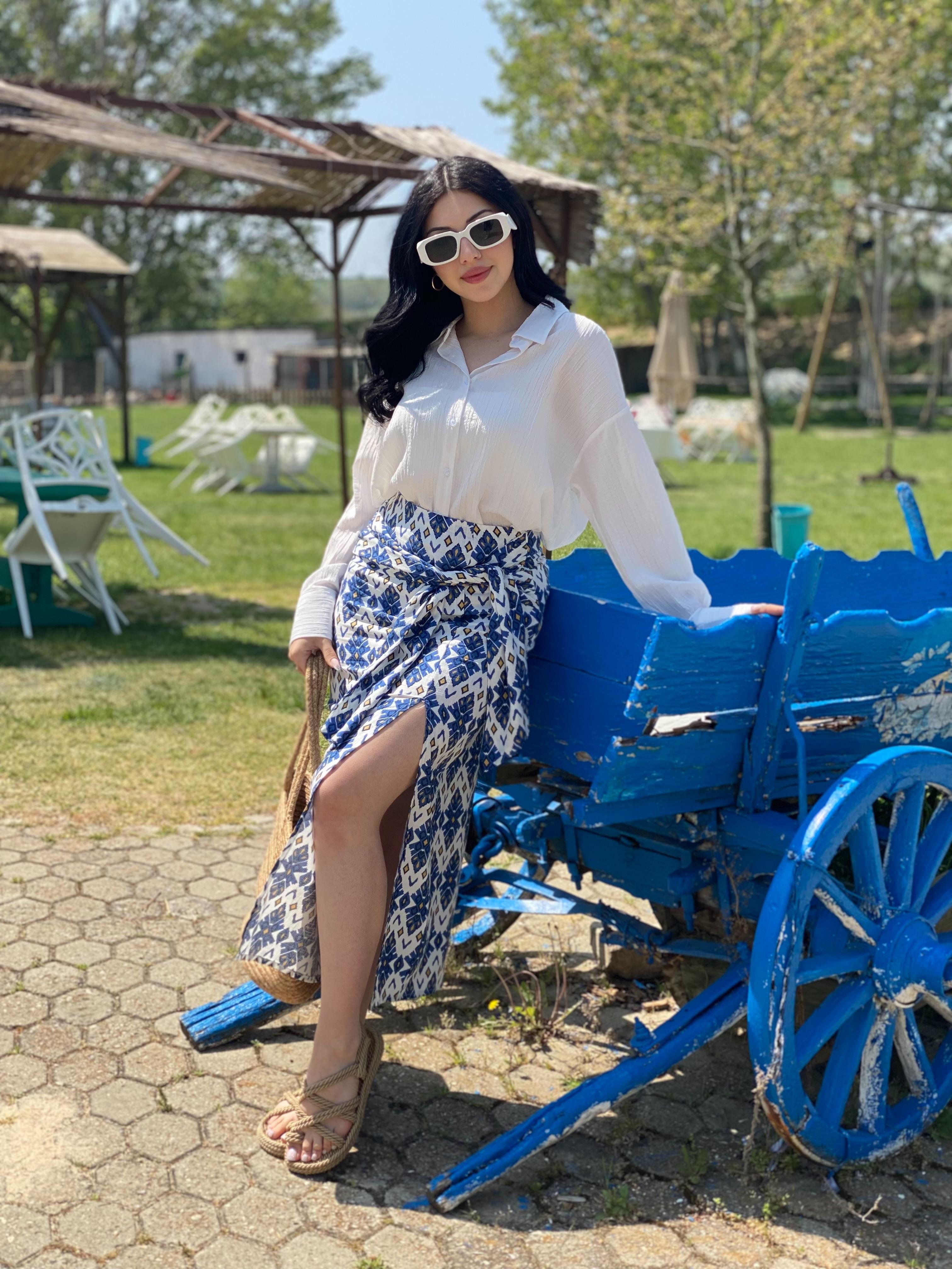 Mavi Desenli Baglamalı Model Keten Etek