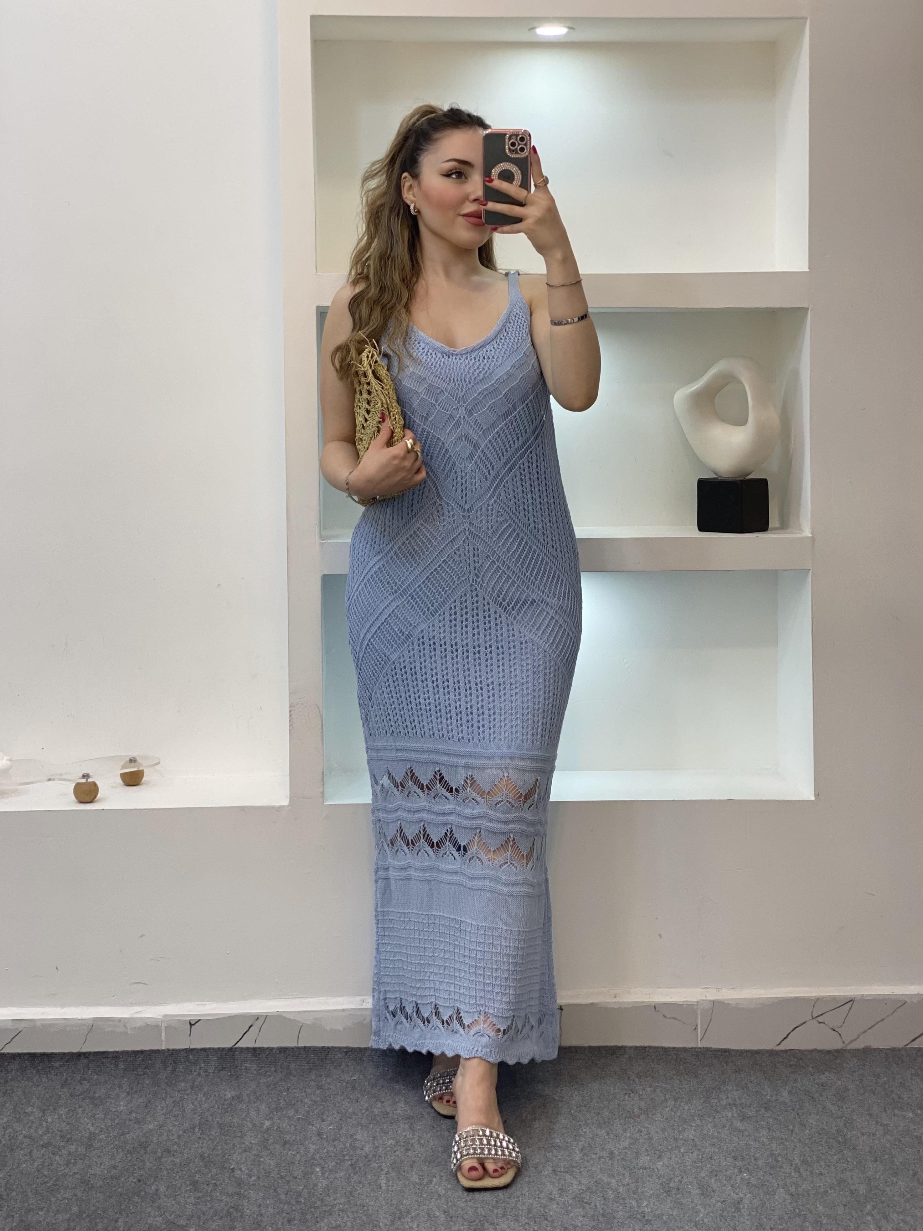 Mavi Desenli Triko Elbise