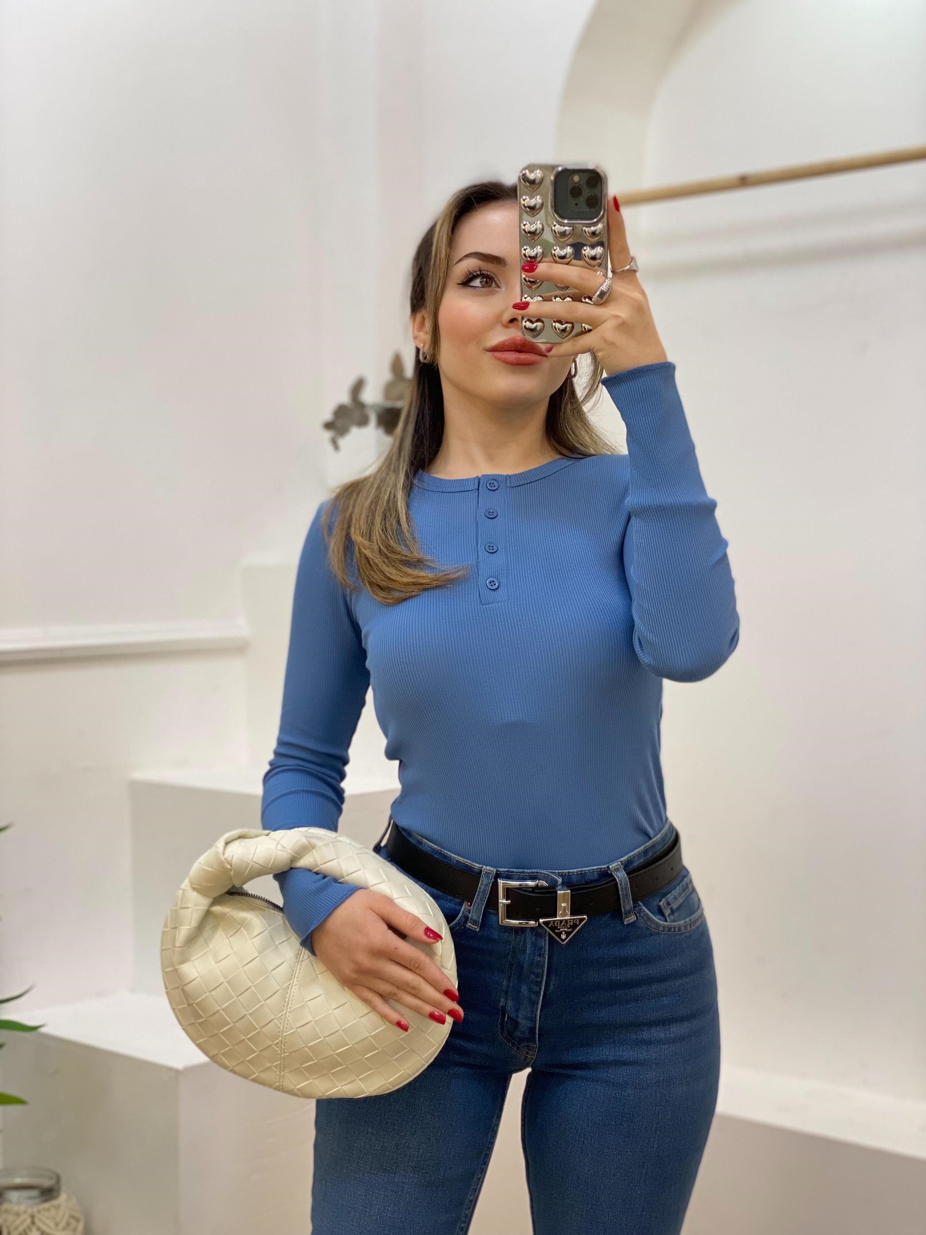Mavi Düğmeli Fitilli Basic Bluz