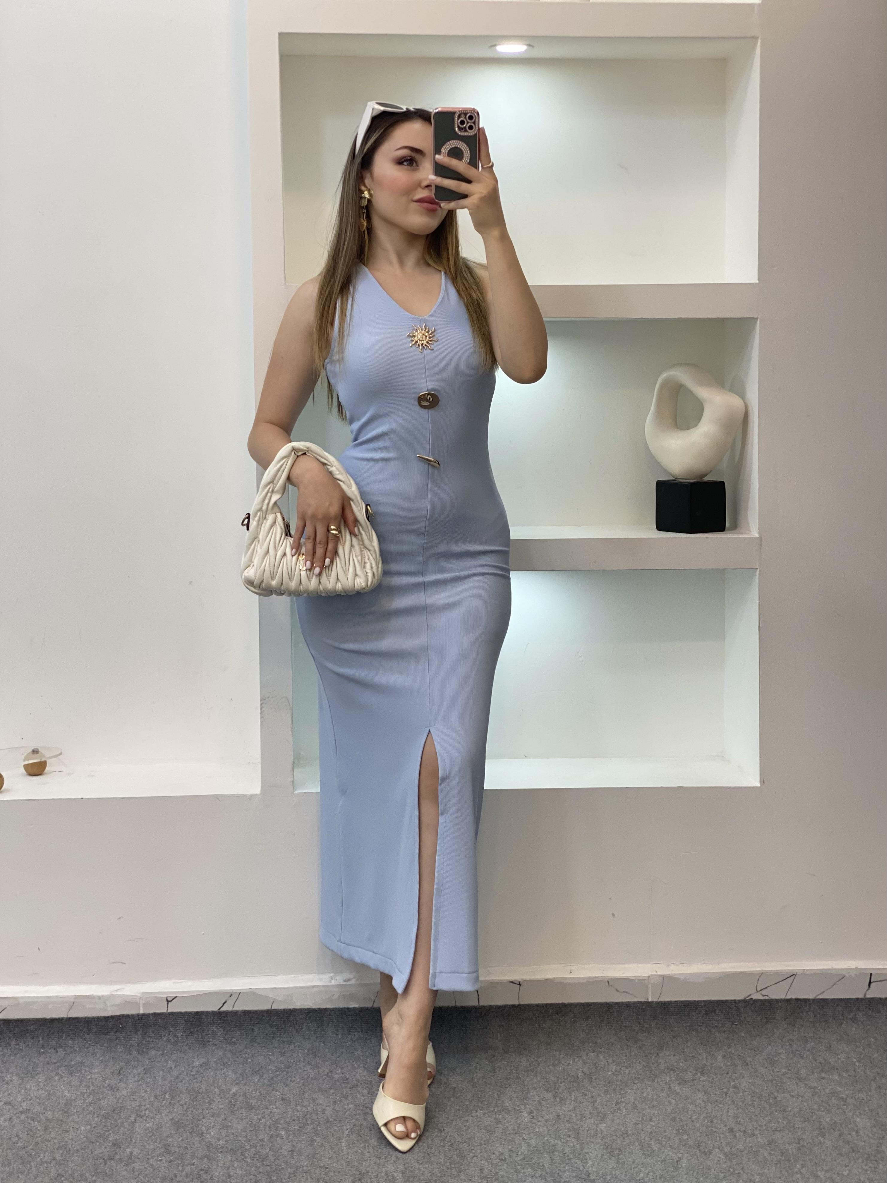 Mavi Likralı Güneş Elbise