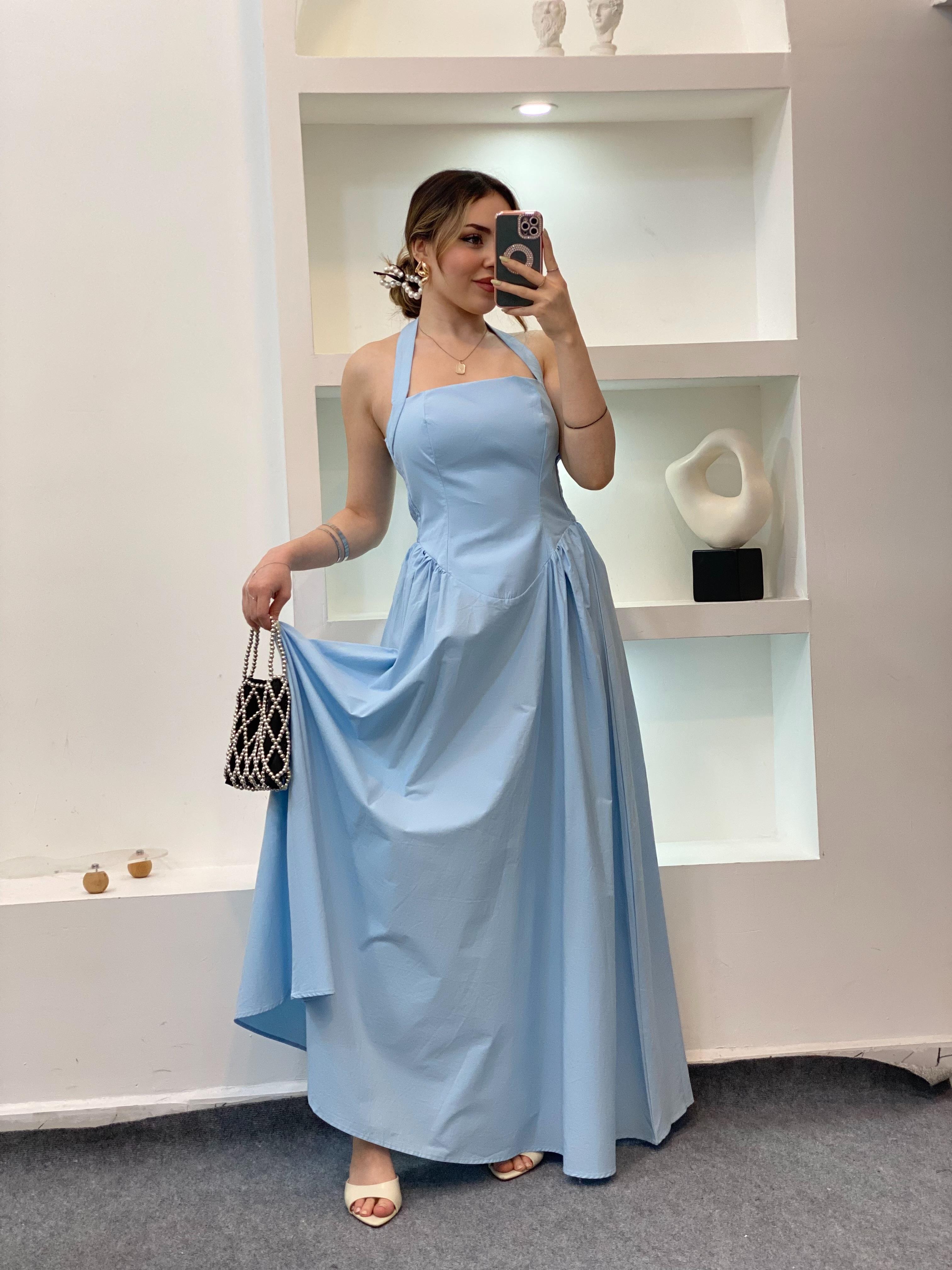 Mavi Premium Kalite Sırt Dekolteli Elbise 