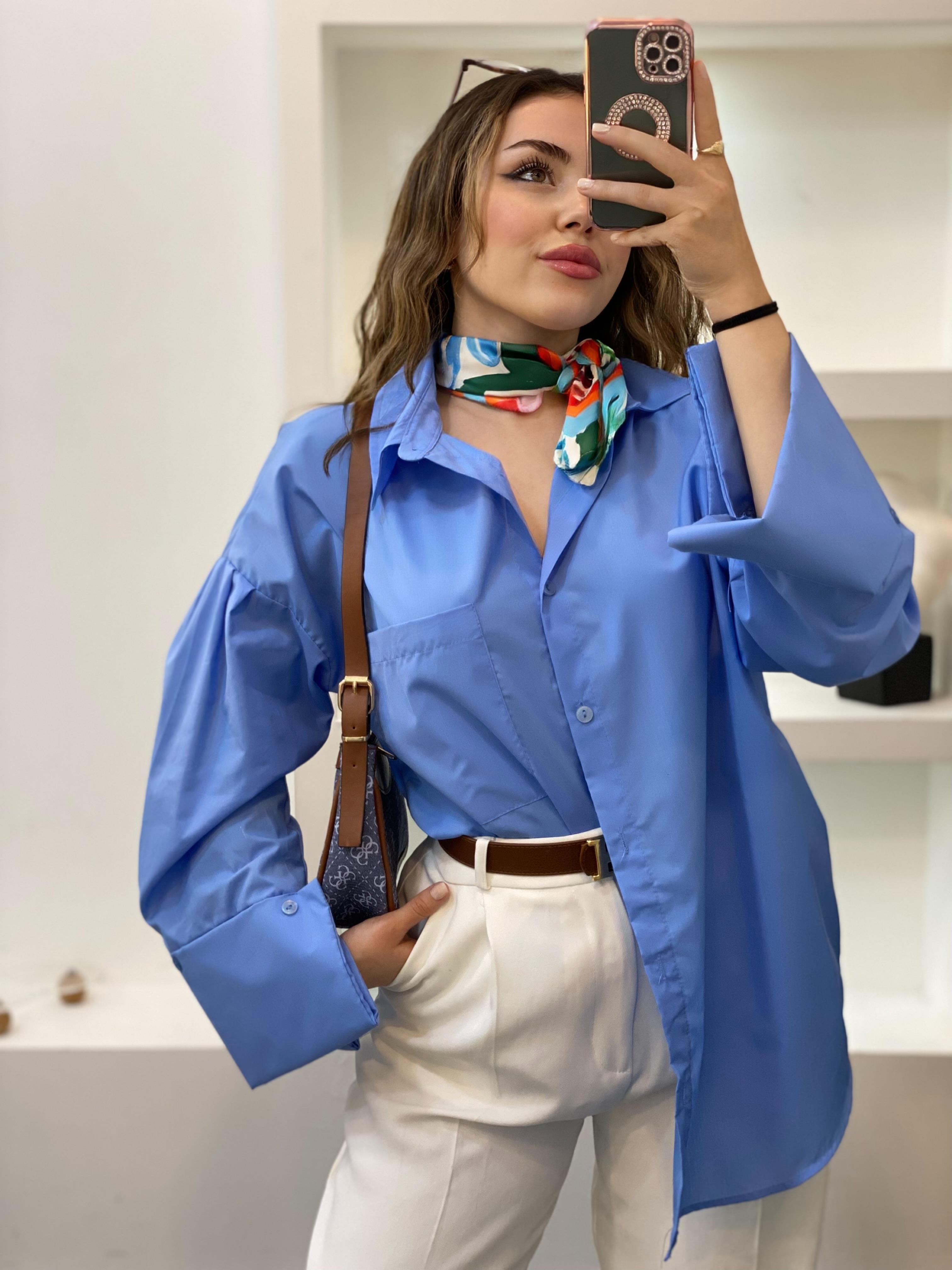 Mavi Renk Cepli Oversize Poplin Kumaş GÖMLEK