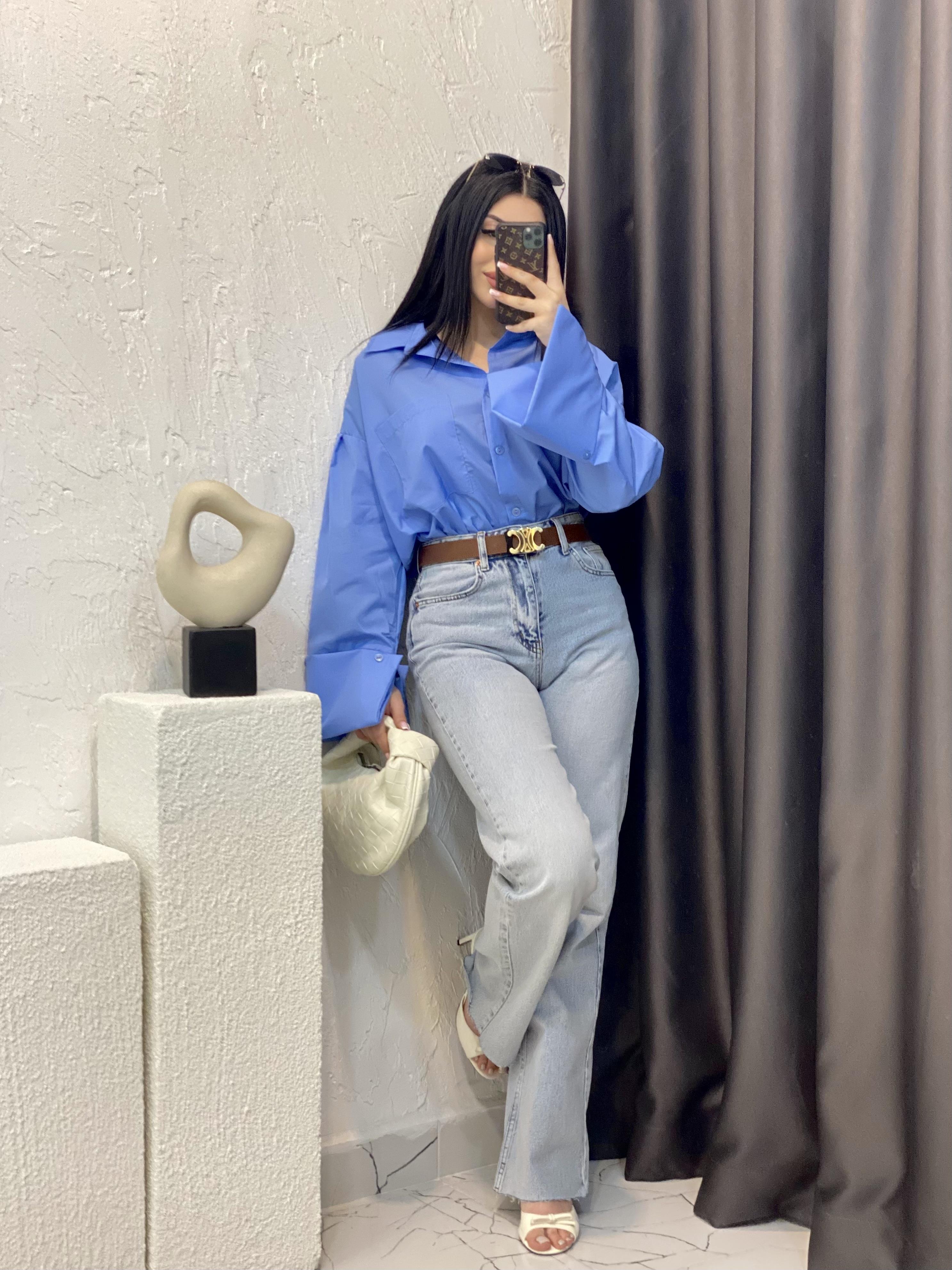 Mavi Renk Kalın Manşetli Cepli Oversize Poplin Kumaş GÖMLEK