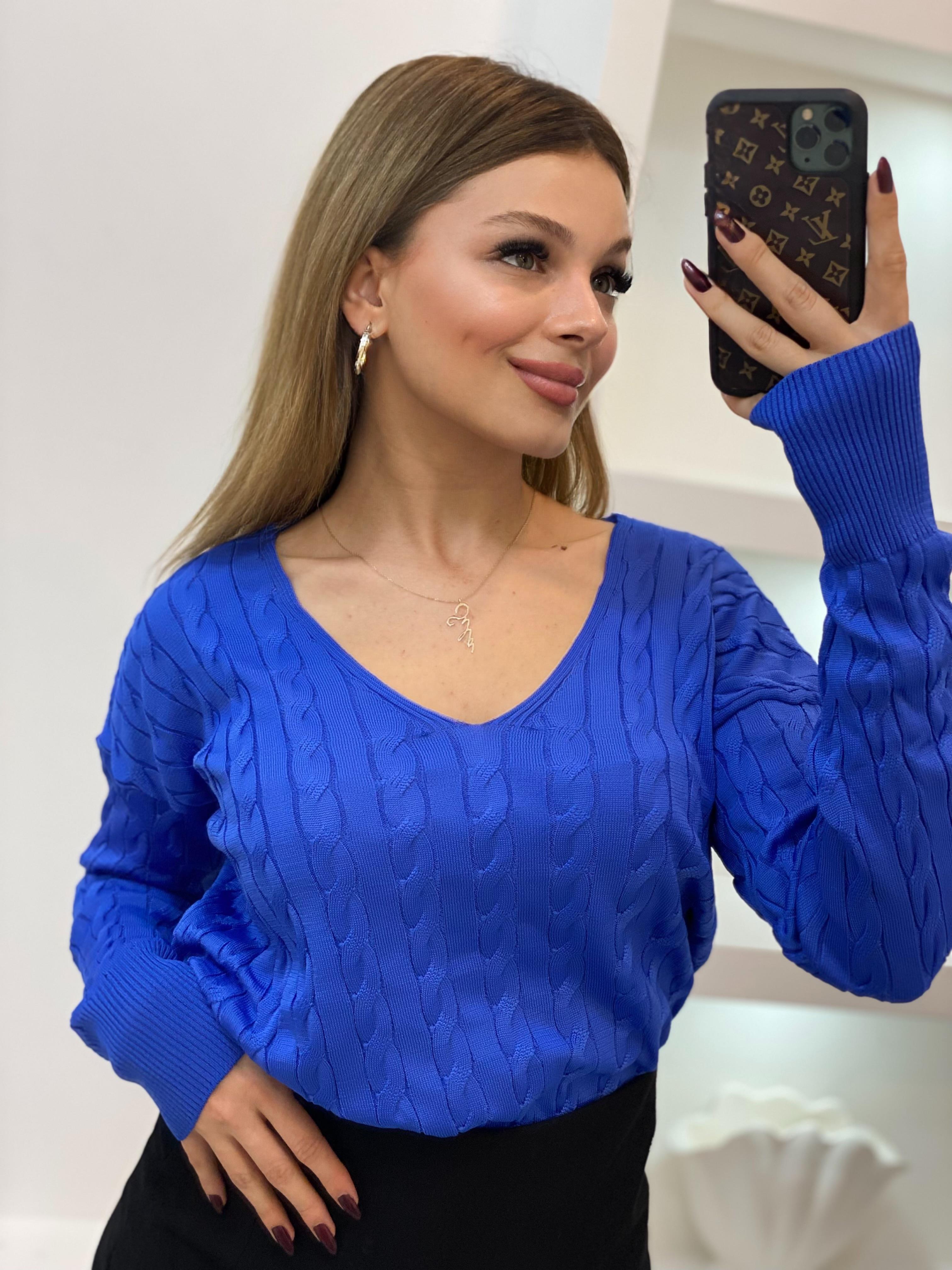 Mavi V Yaka Saç Örgü Model Triko