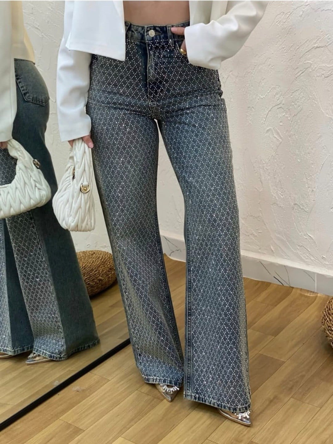 Parıltılı Taşlı Mavi Yüksek Bel Jean