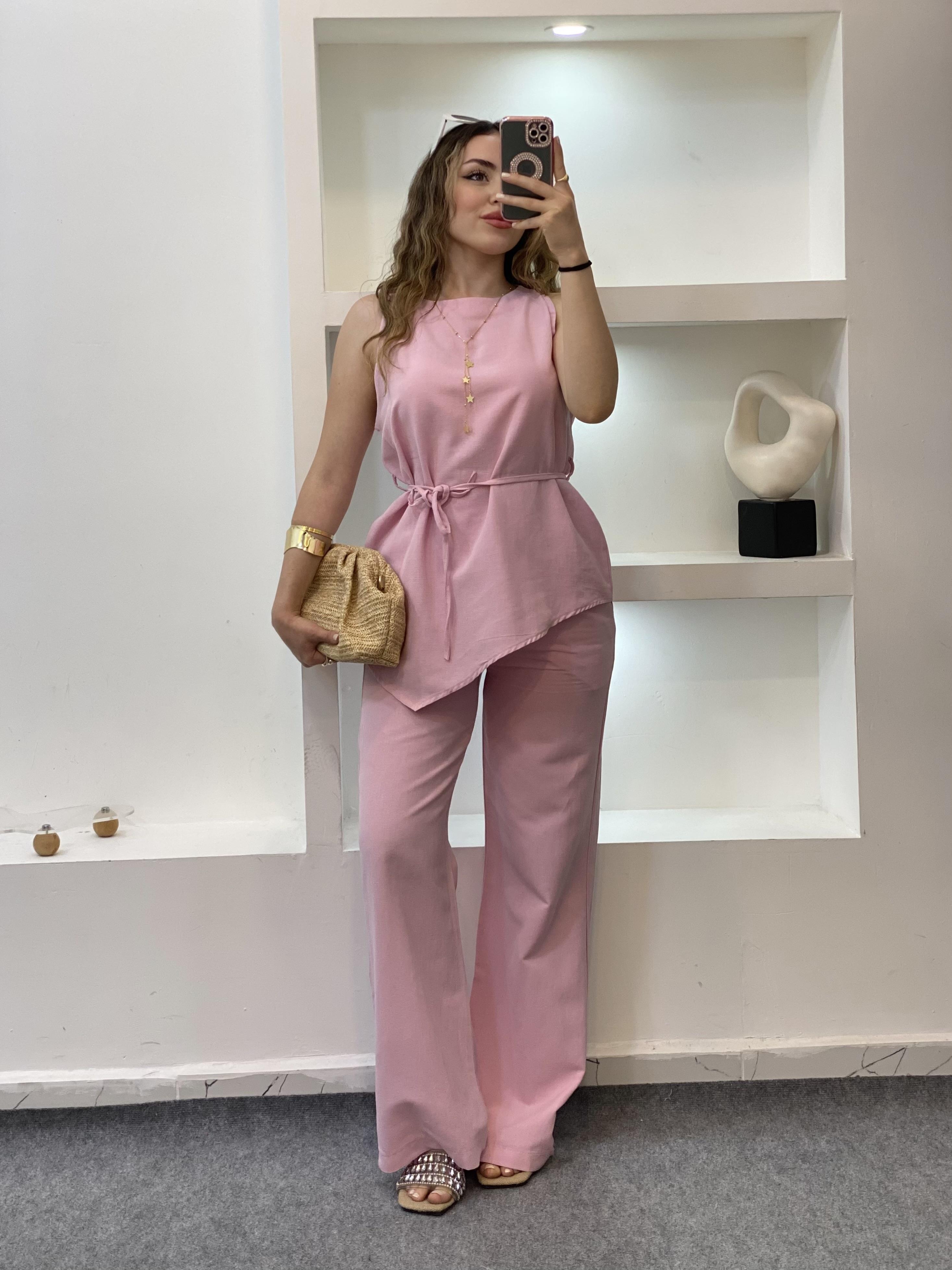Pembe Beli Kuşaklı Keten Takım