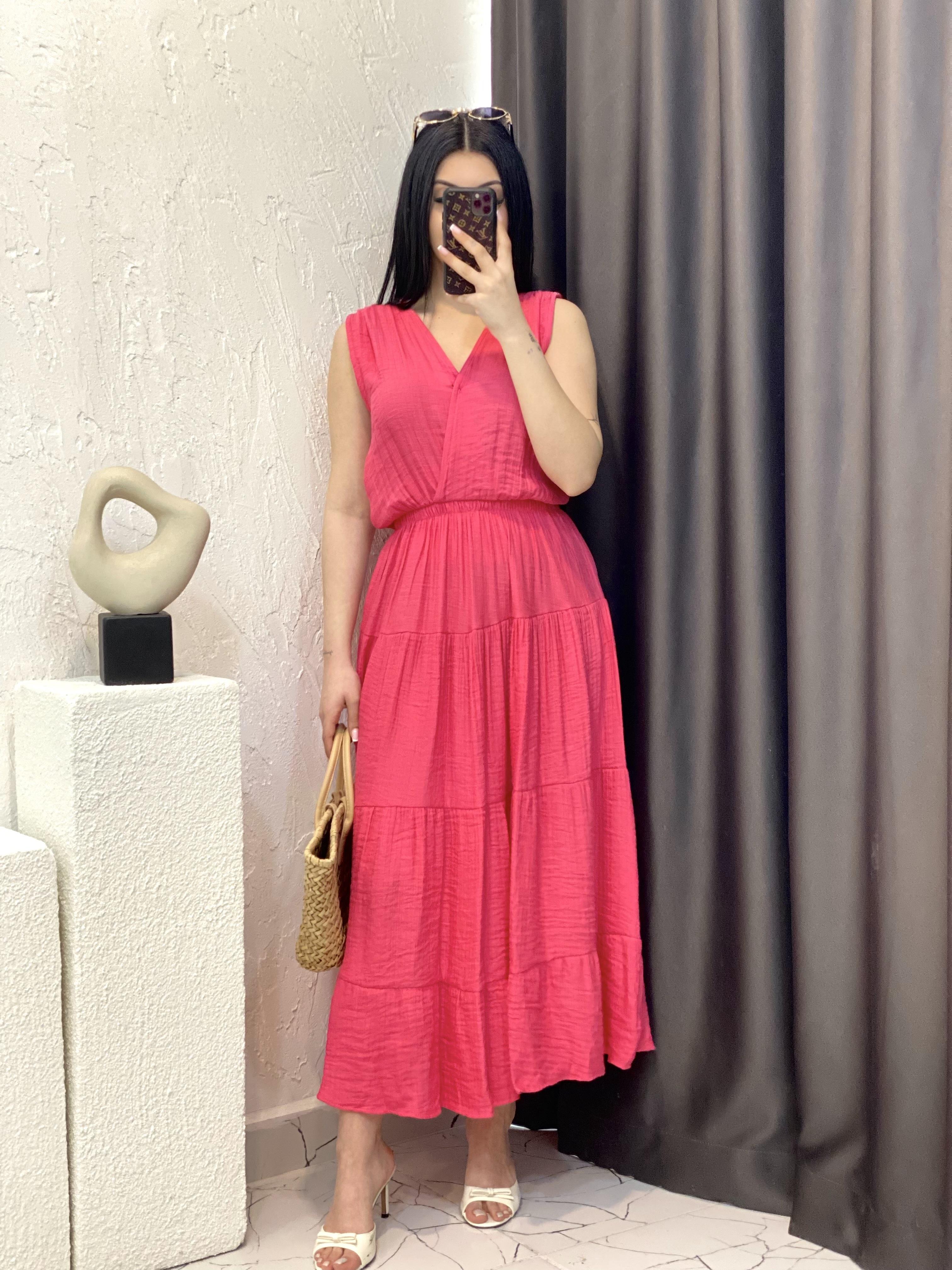 Pembe Beli Lastikli Keten Elbise