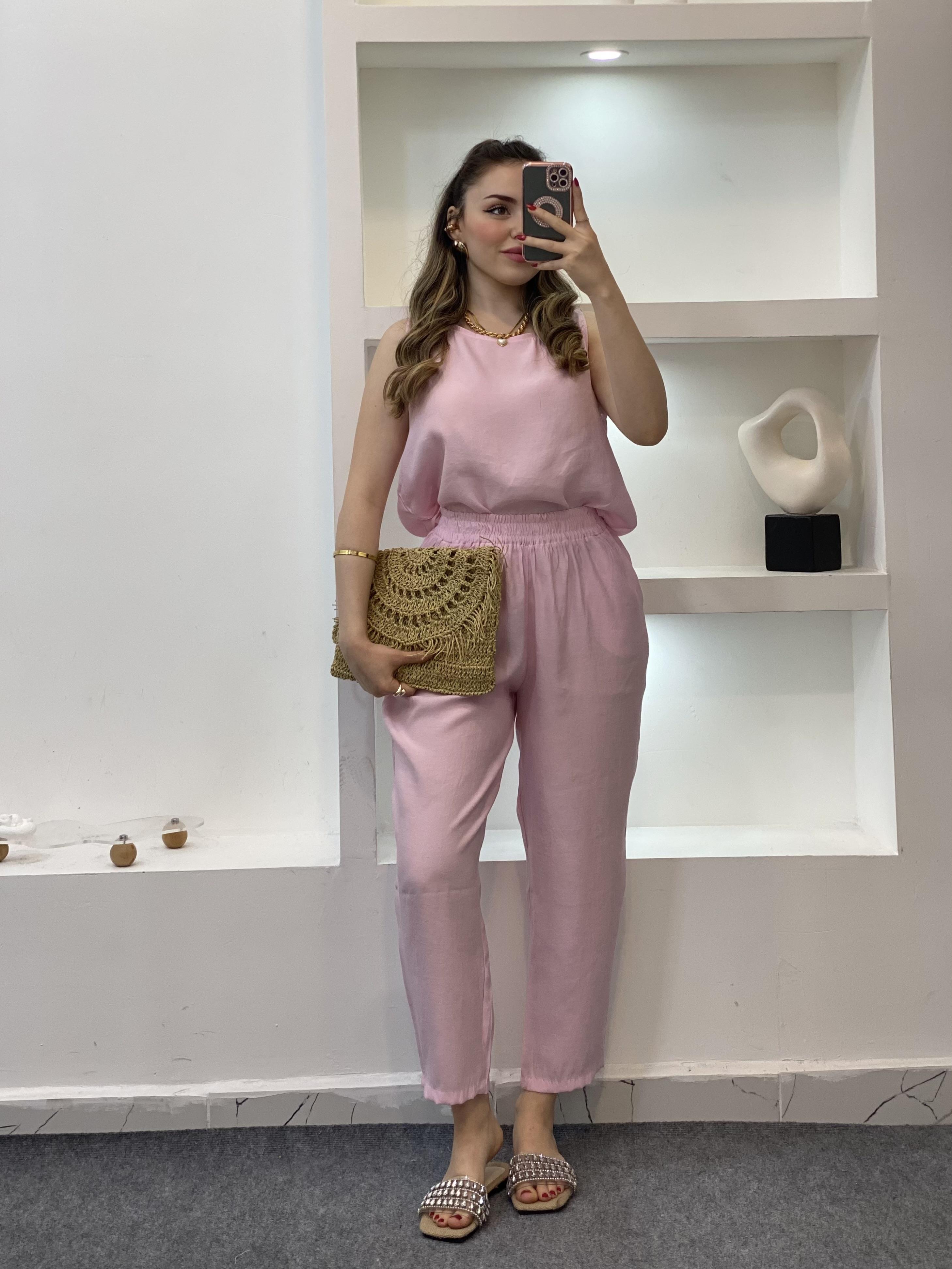 Pembe Bluz Pantolon Tensel Takım