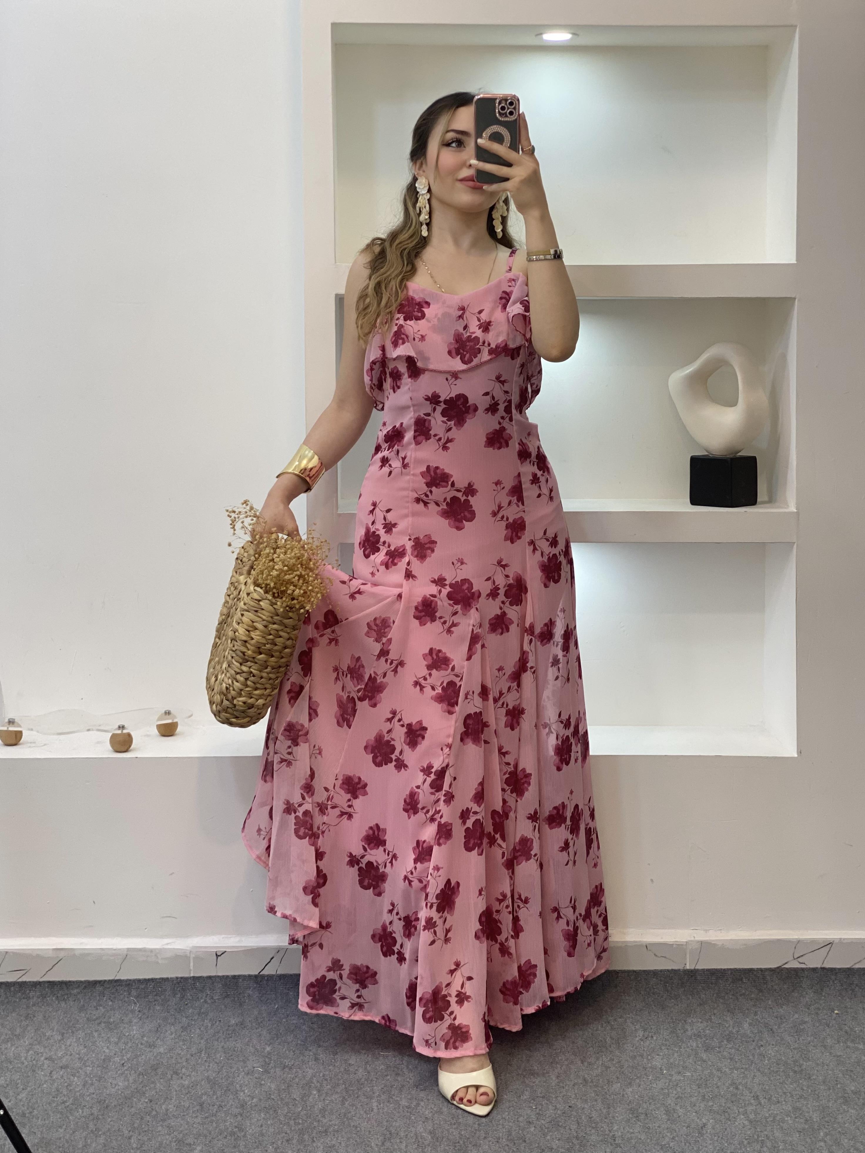 Pembe Çiçek Desen Askılı Şifon Elbise