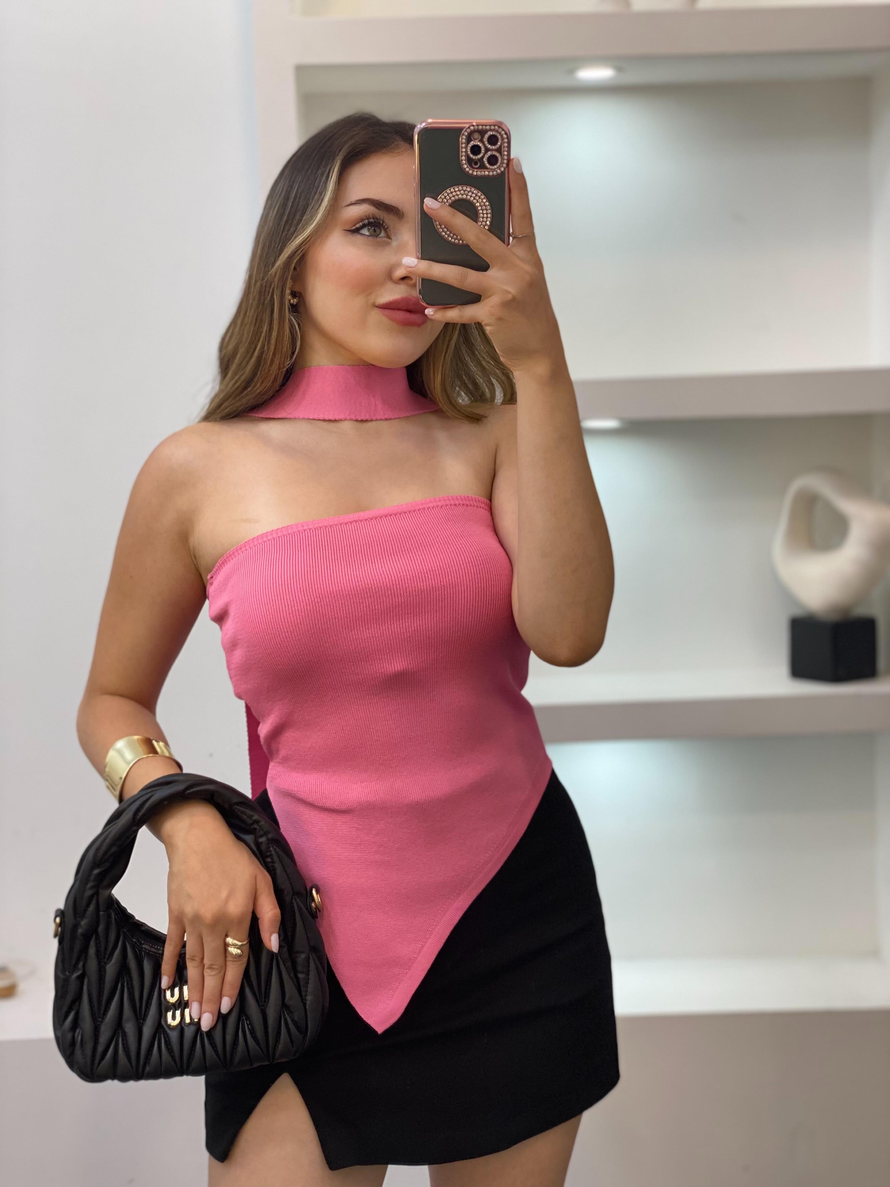 Pembe Fularlı Triko Bluz