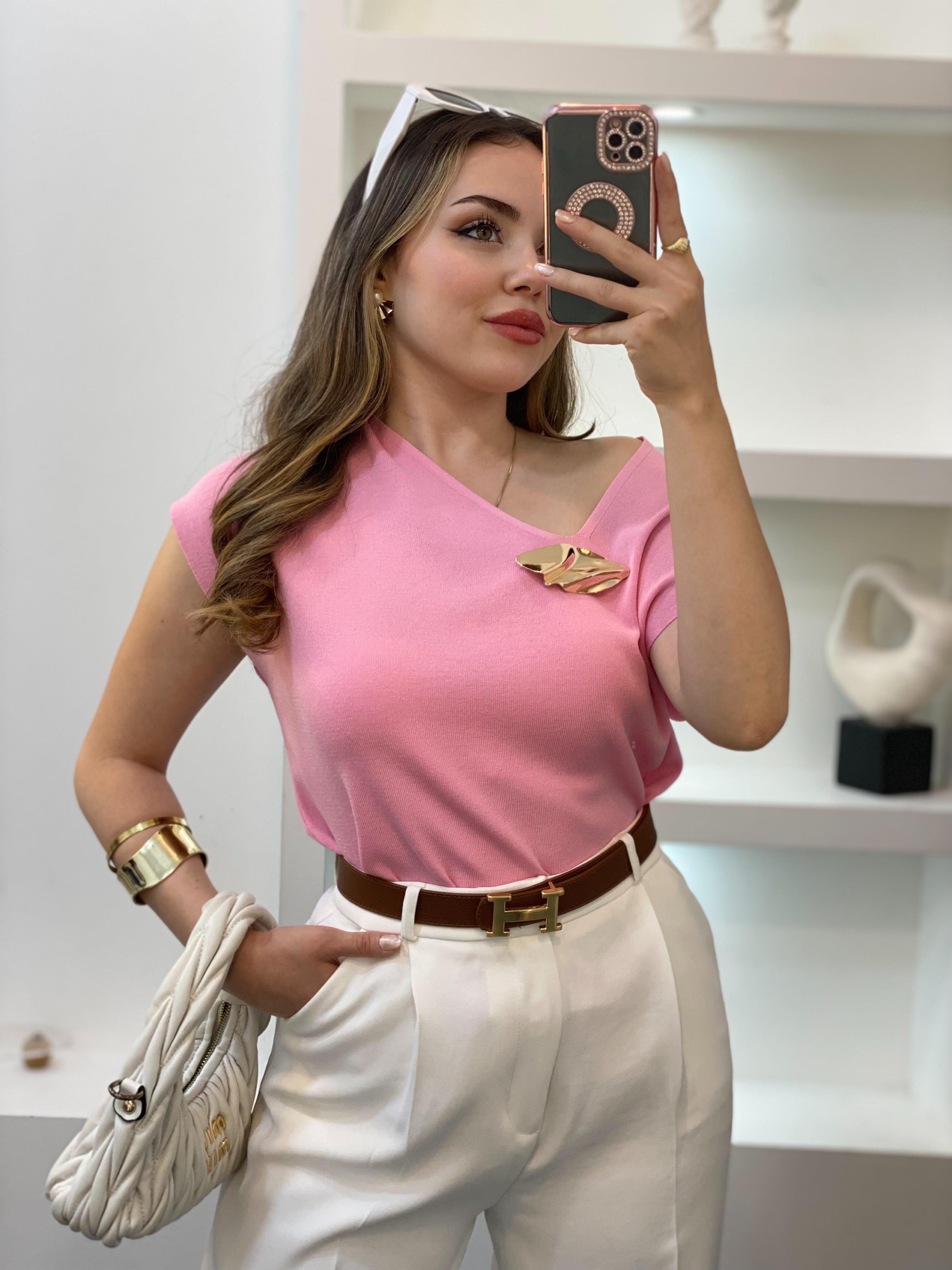 Pembe Gold Toka Detaylı Triko Bluz