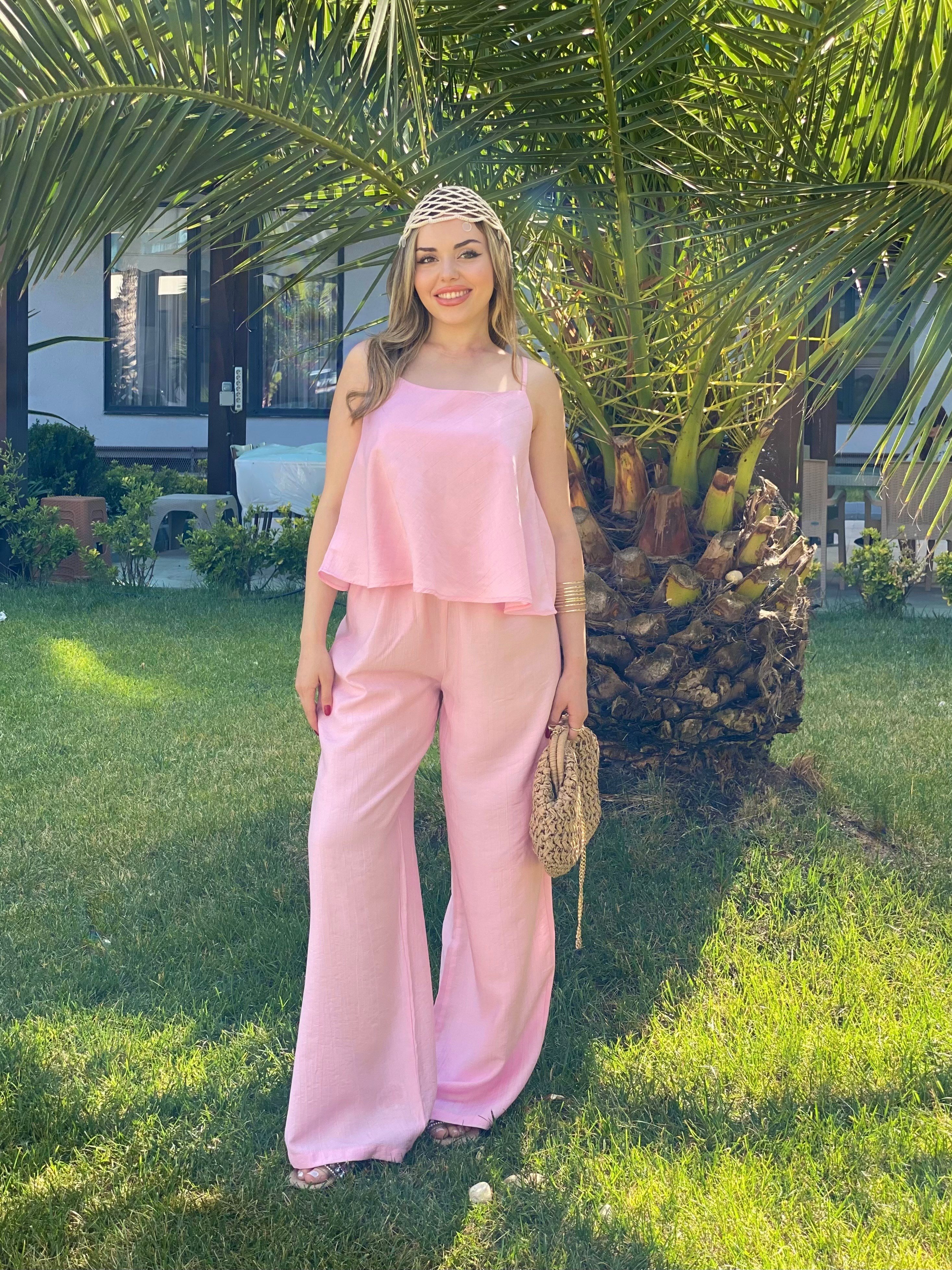 Pembe İp Askılı Alt Beli Lastikli Tensel Takım