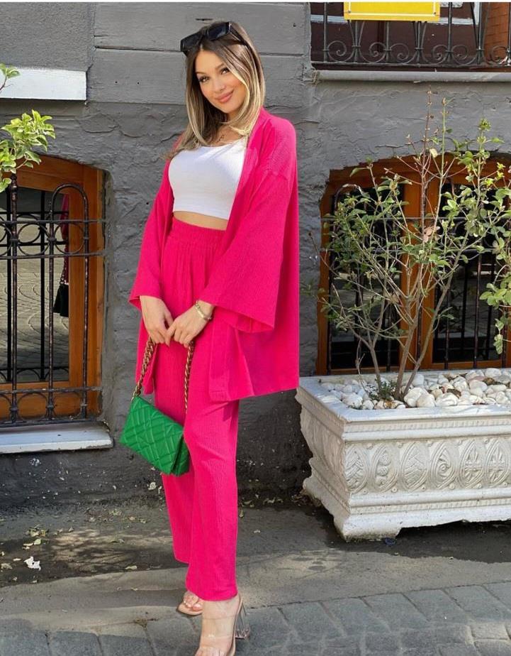 Pembe Kimonolu Gofre  Kumaş Takım 