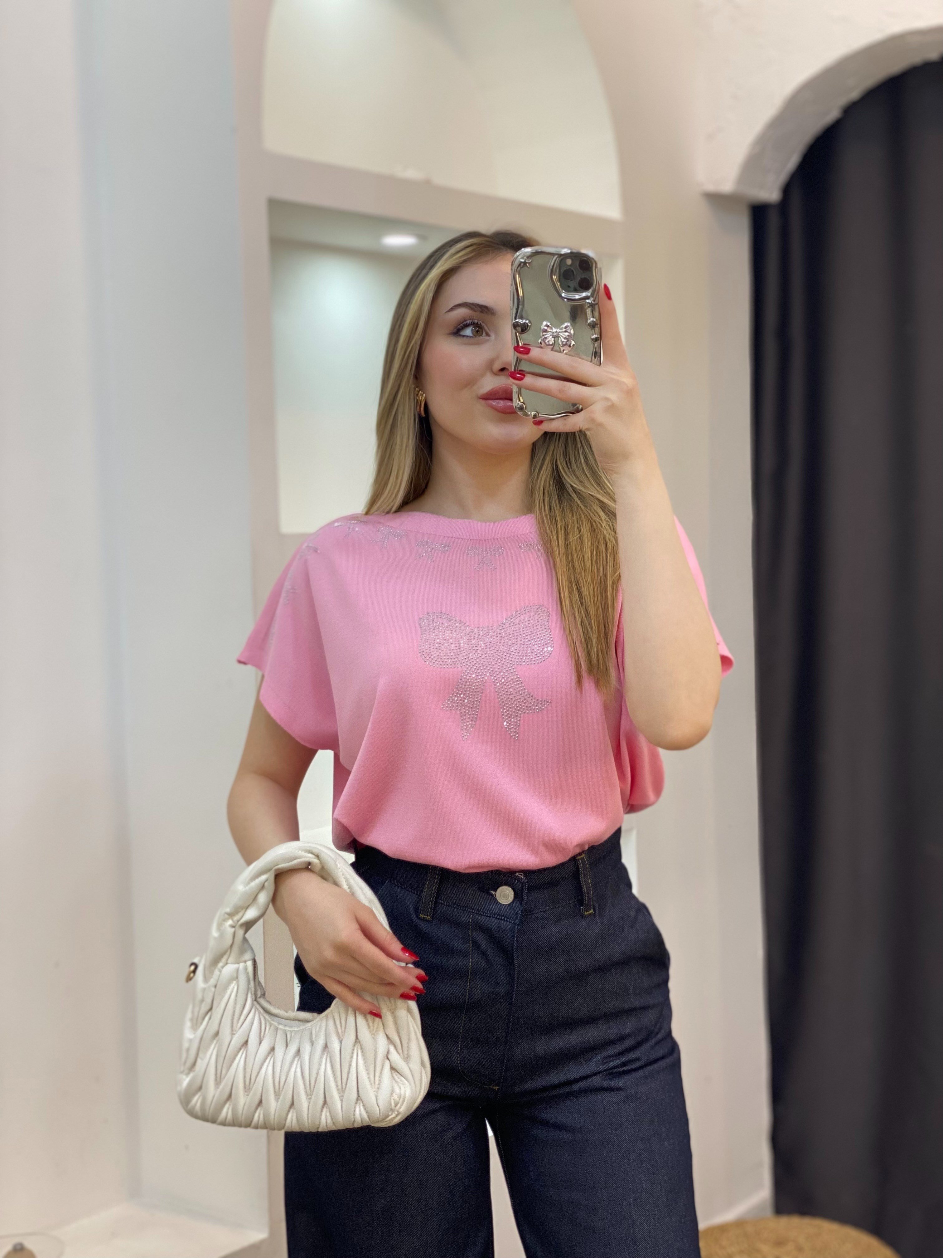 Pembe Parıltılı Taşlı Merserize Triko Bluz