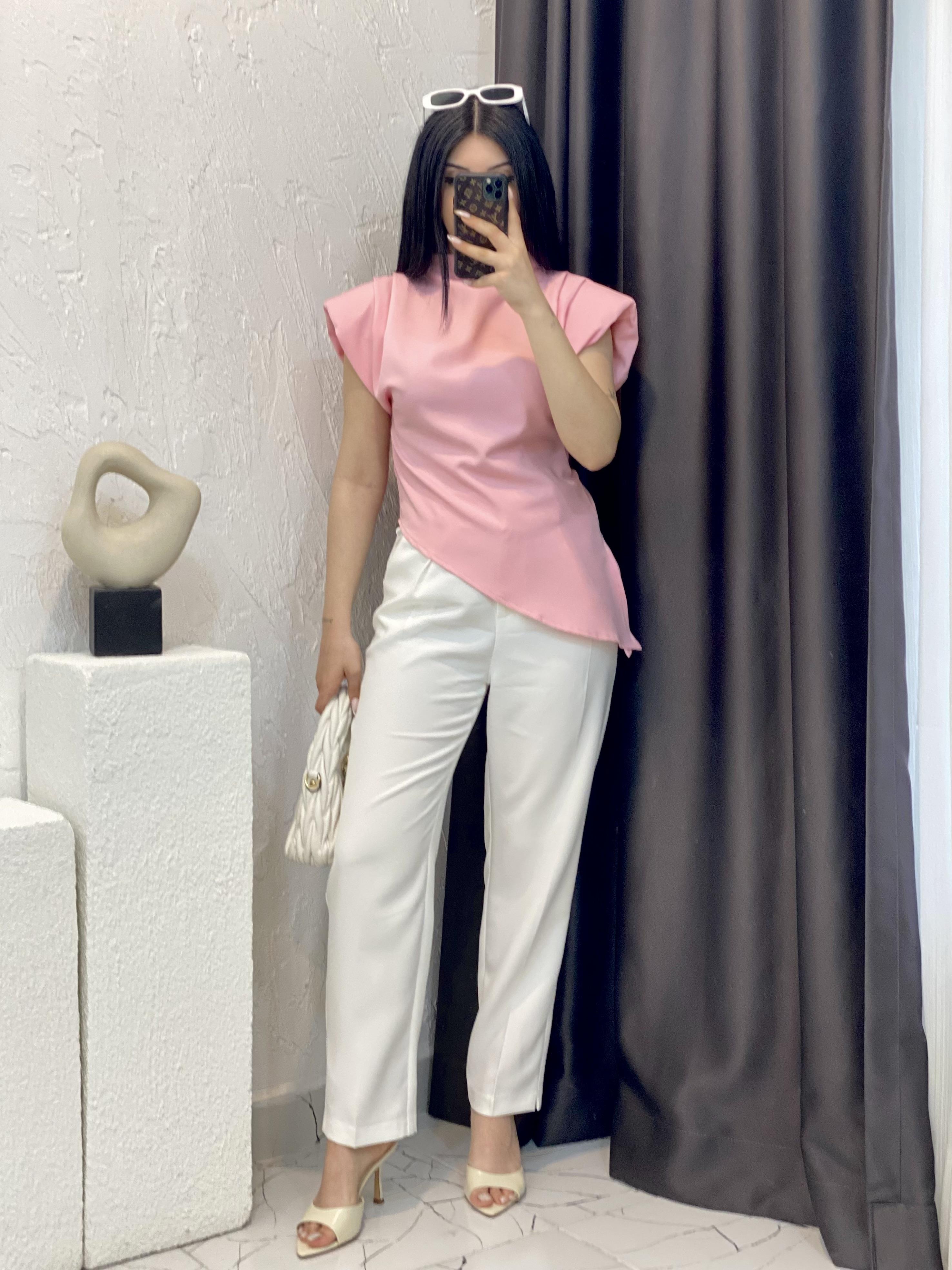 Pembe Renk Premium Kalite Vatkalı Asimetrik Bluz