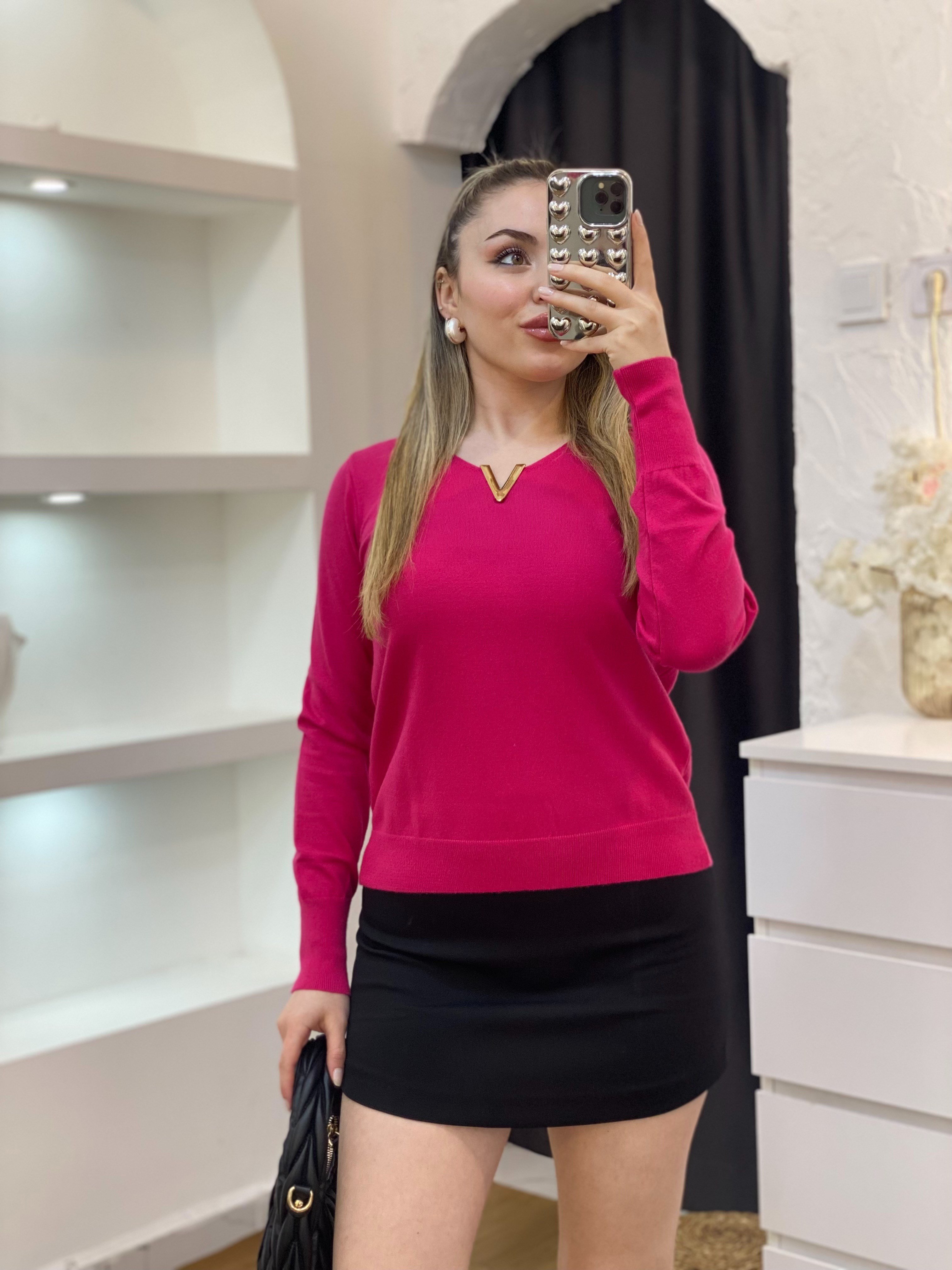 Pembe Yumoş Dokulu V Aksesuarlı Triko Bluz