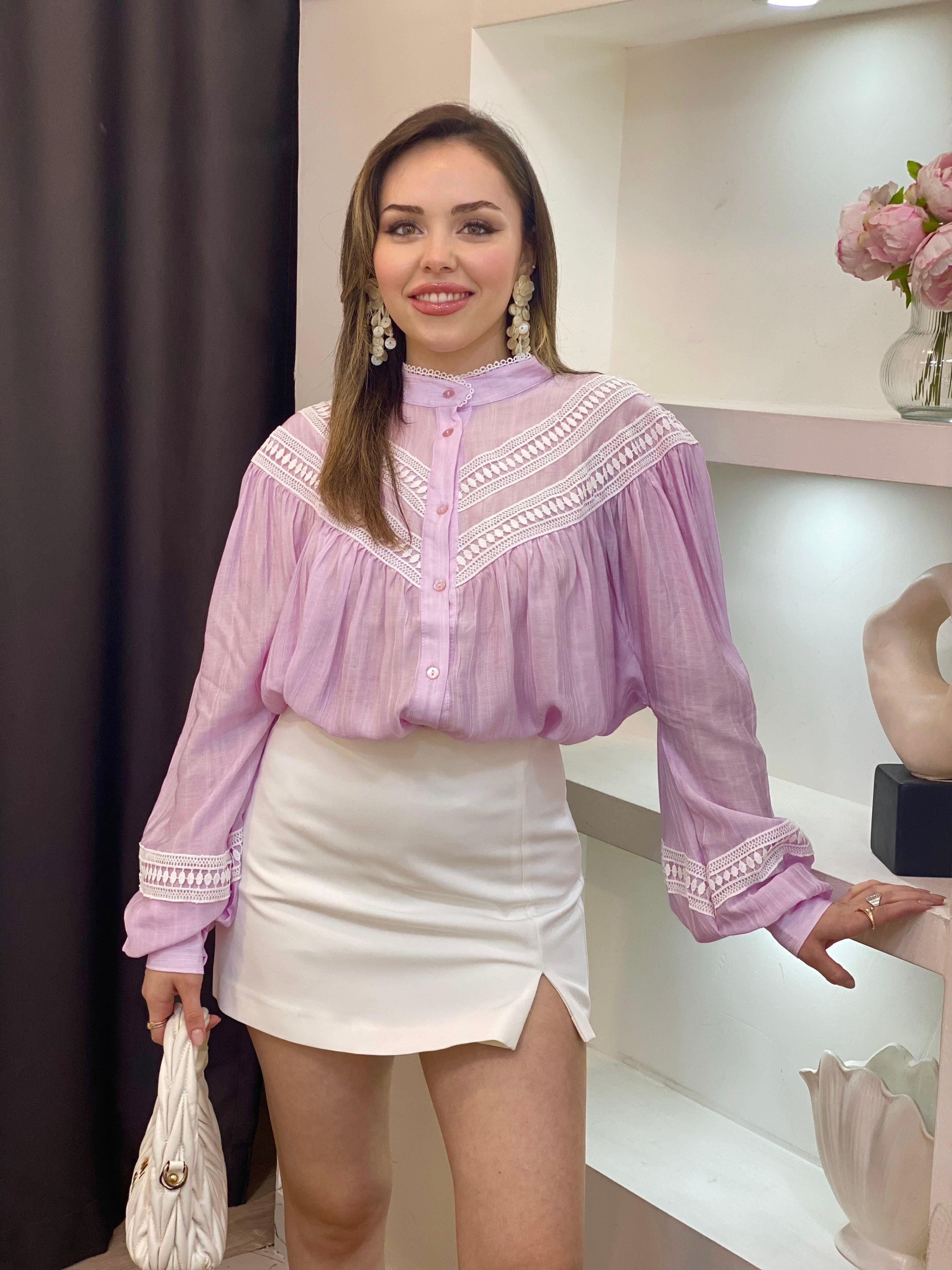 Pudra Pembe Premium Kalite Dantel Detaylı Gömlek 