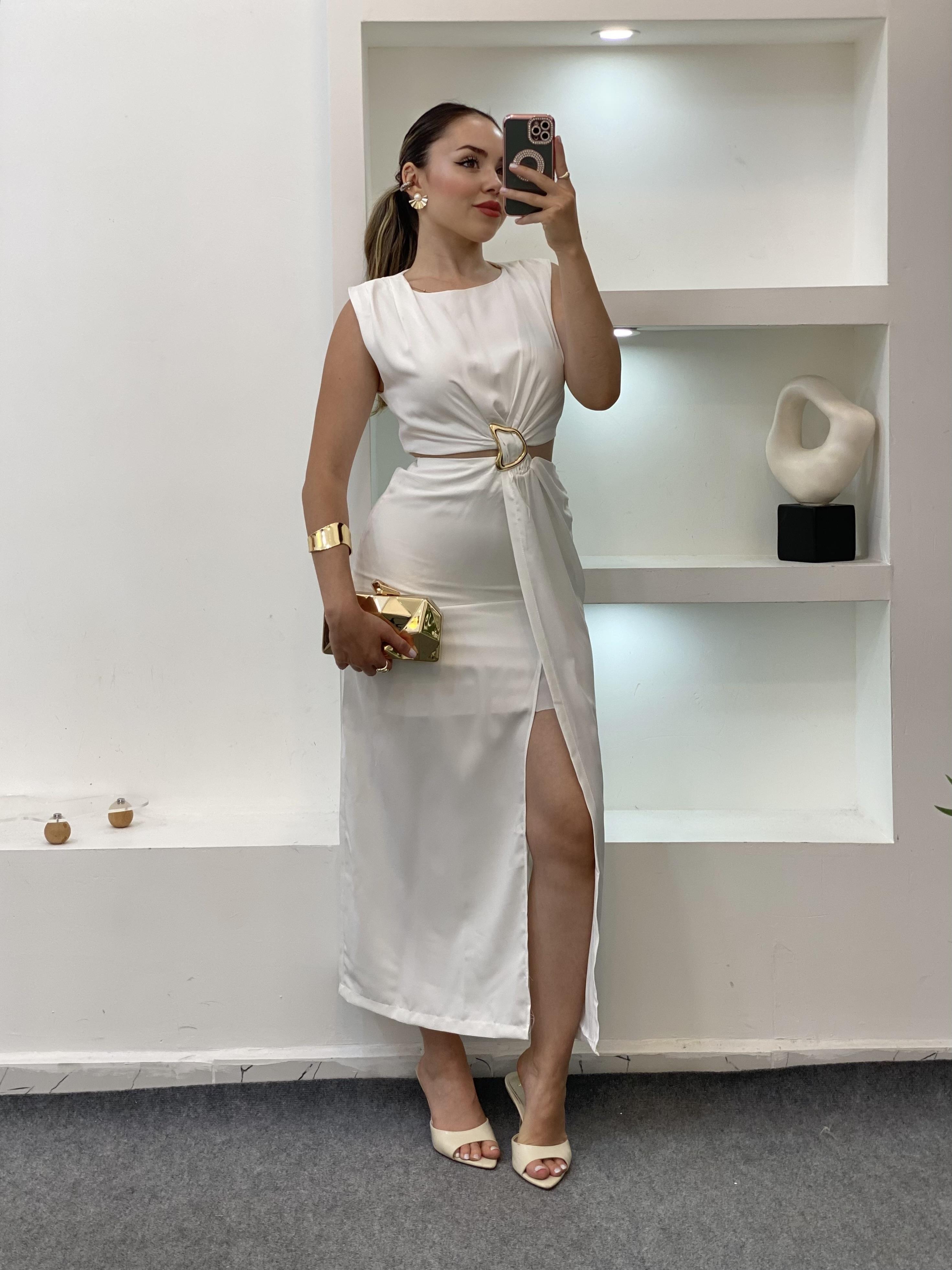 Q Marka Beyaz Beli Mini Dekolteli Elbise