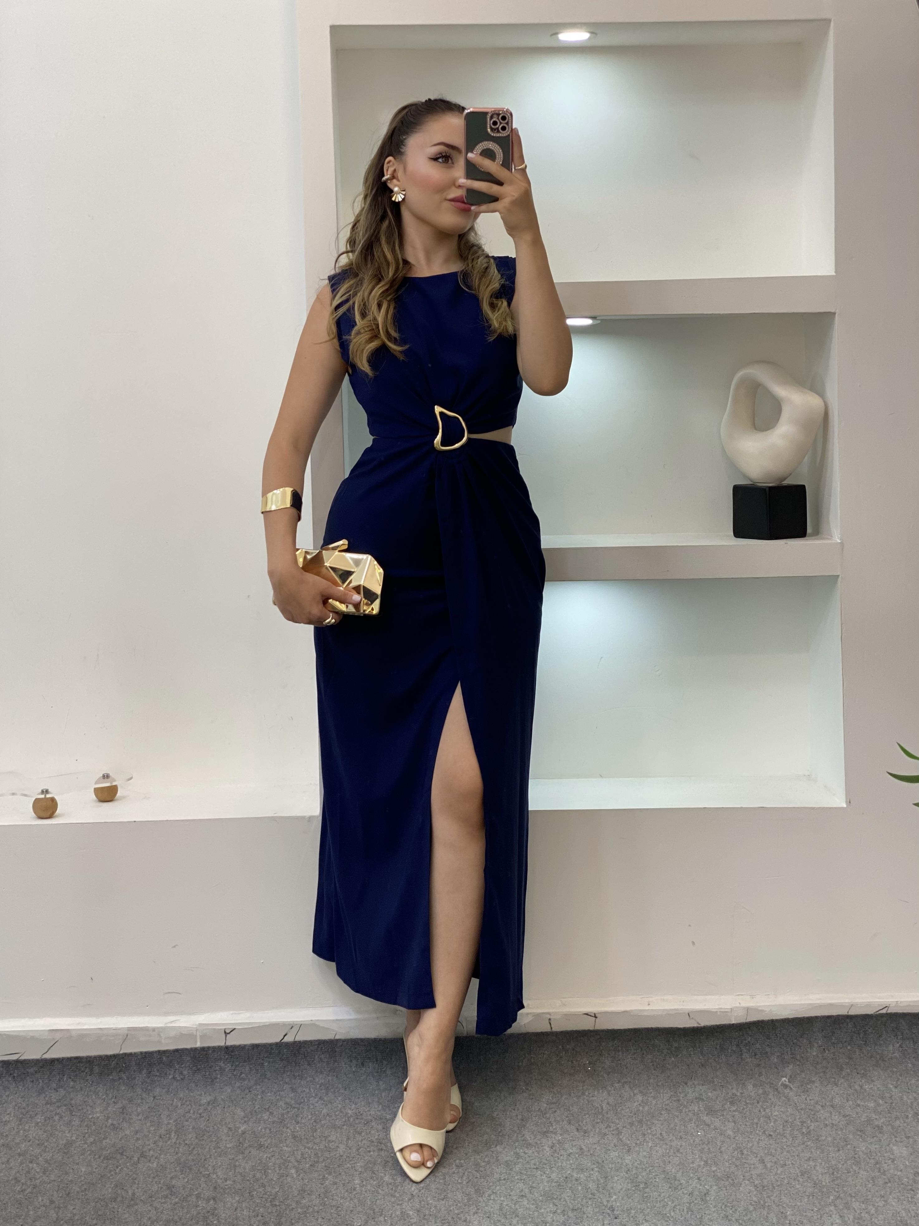 Q Marka Lacivert Beli Mini Dekolteli Elbise