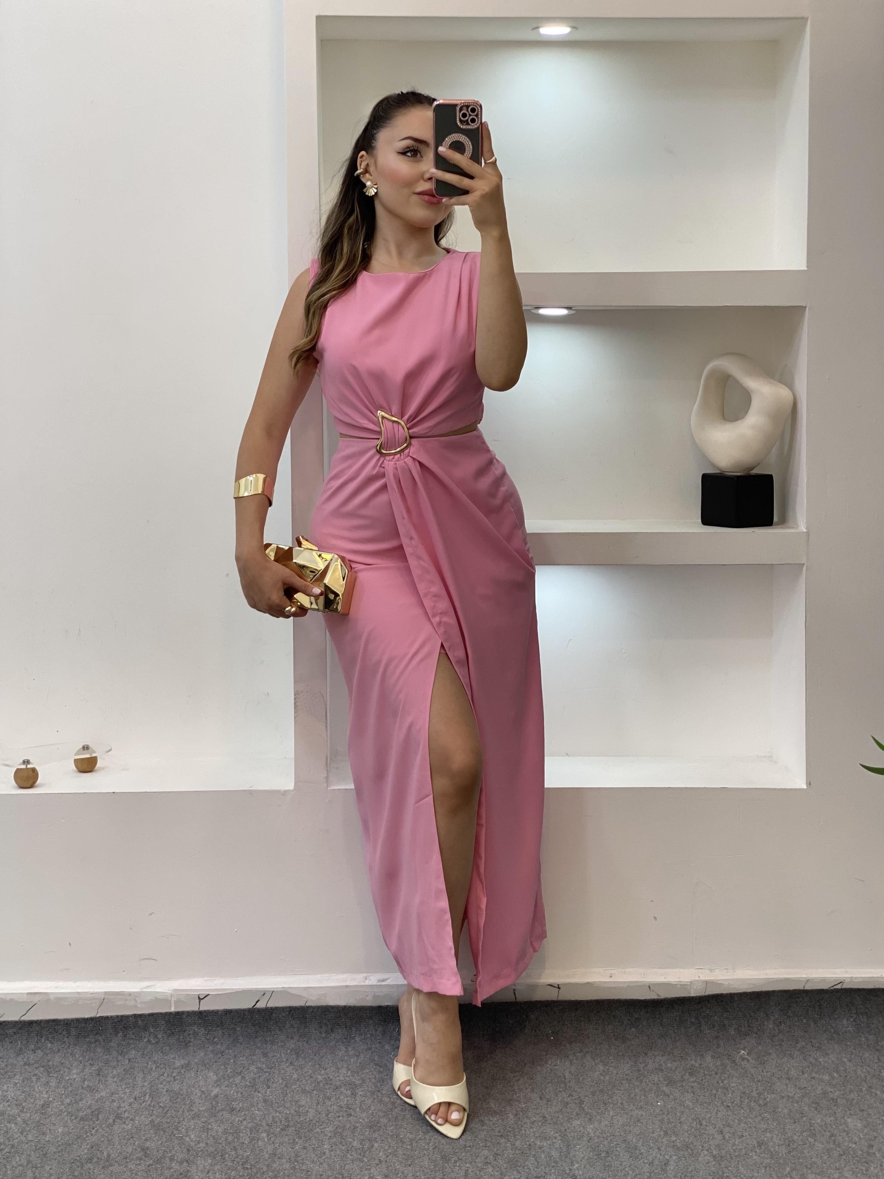 Q Marka Pembe Beli Mini Dekolteli Elbise