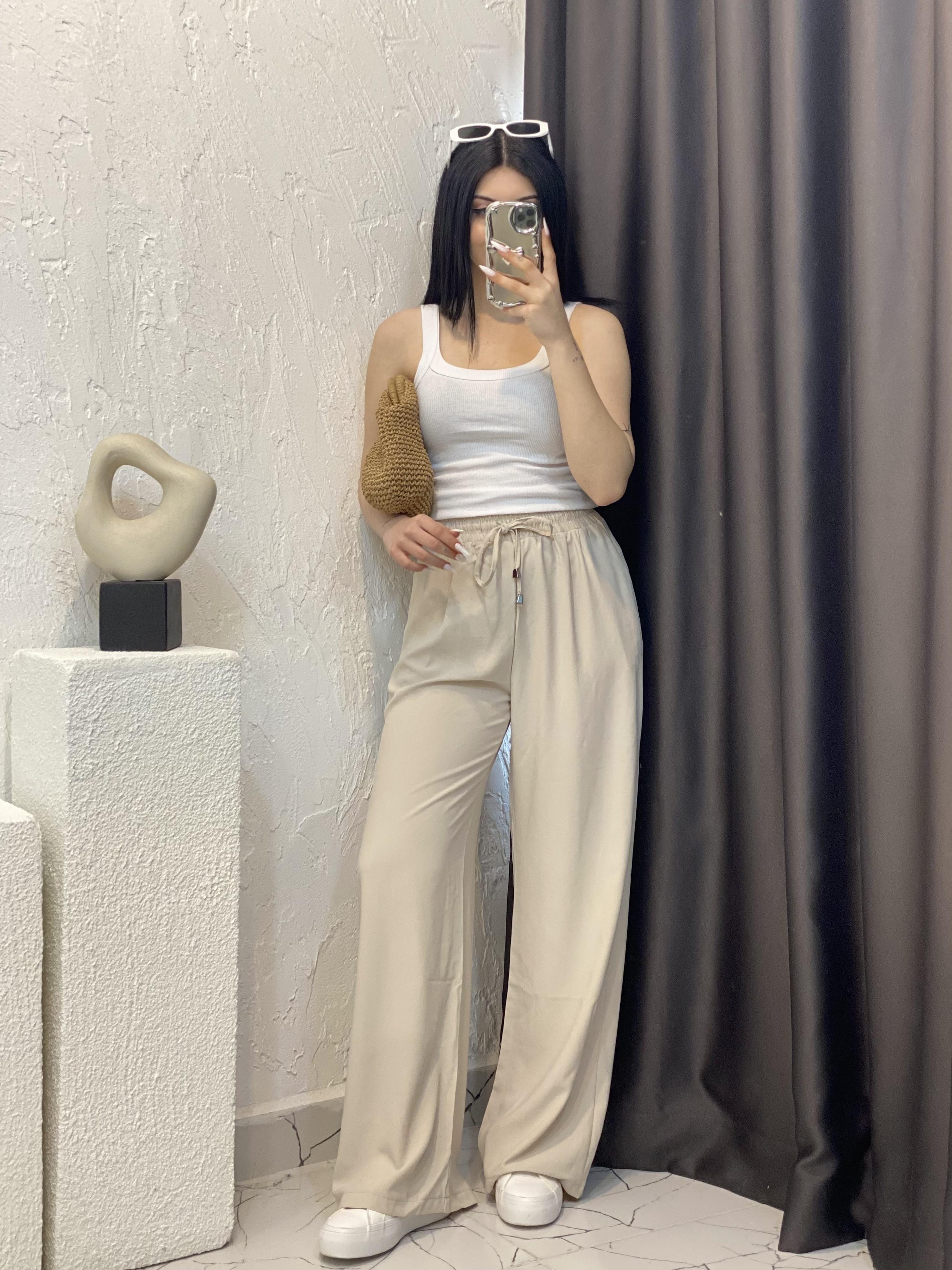 Quzu Marka Bej Yüksek Bel Beli Lastikli Palazzo Pantolon 