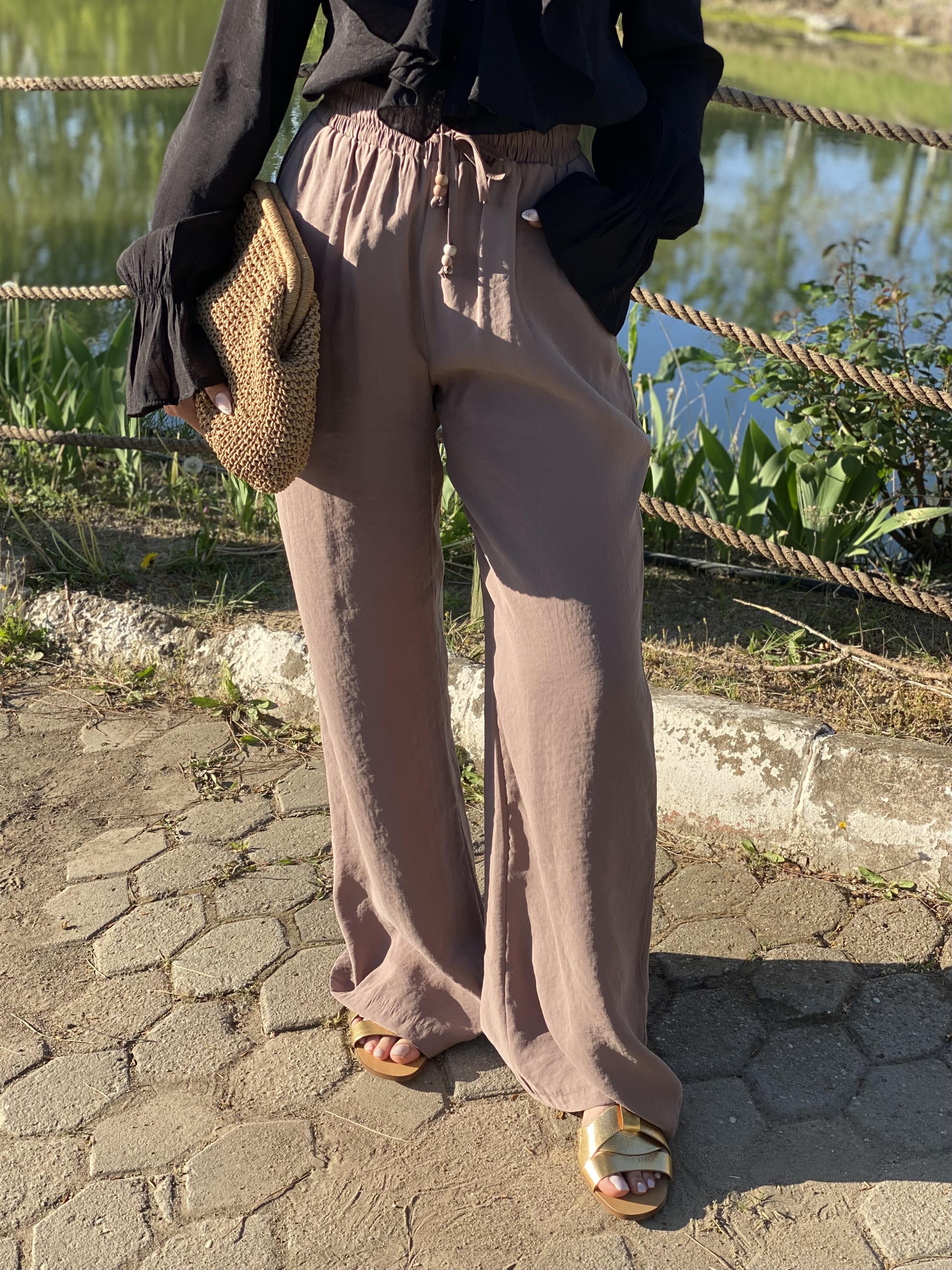 Quzu Marka Camel Renk Premium Kalite Beli Lastikli Palazzo Pantolon 