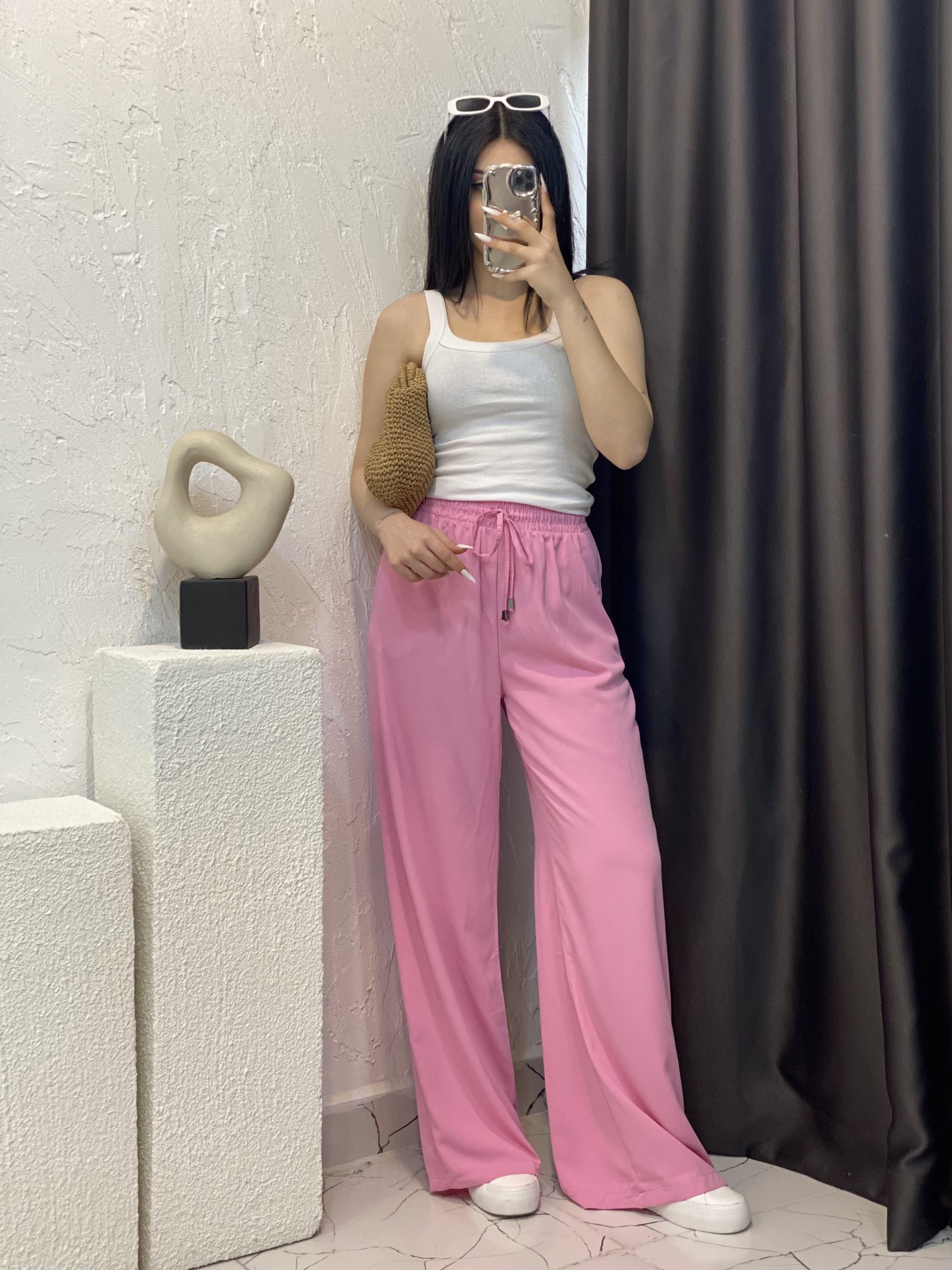 Quzu Marka Pembe Yüksek Bel Beli Lastikli Palazzo Pantolon 