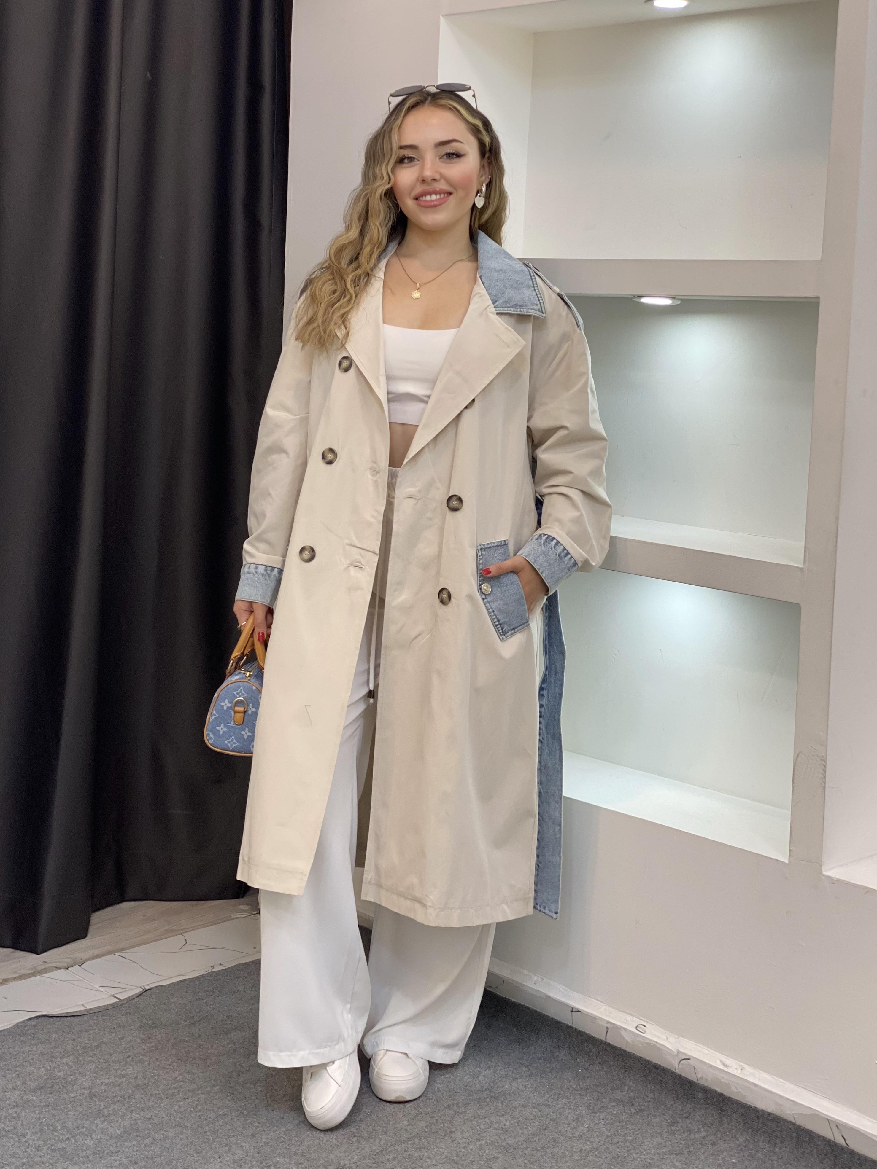 Robin Marka Jean Detaylı Premium Kalite  Maxi Boy Trenç