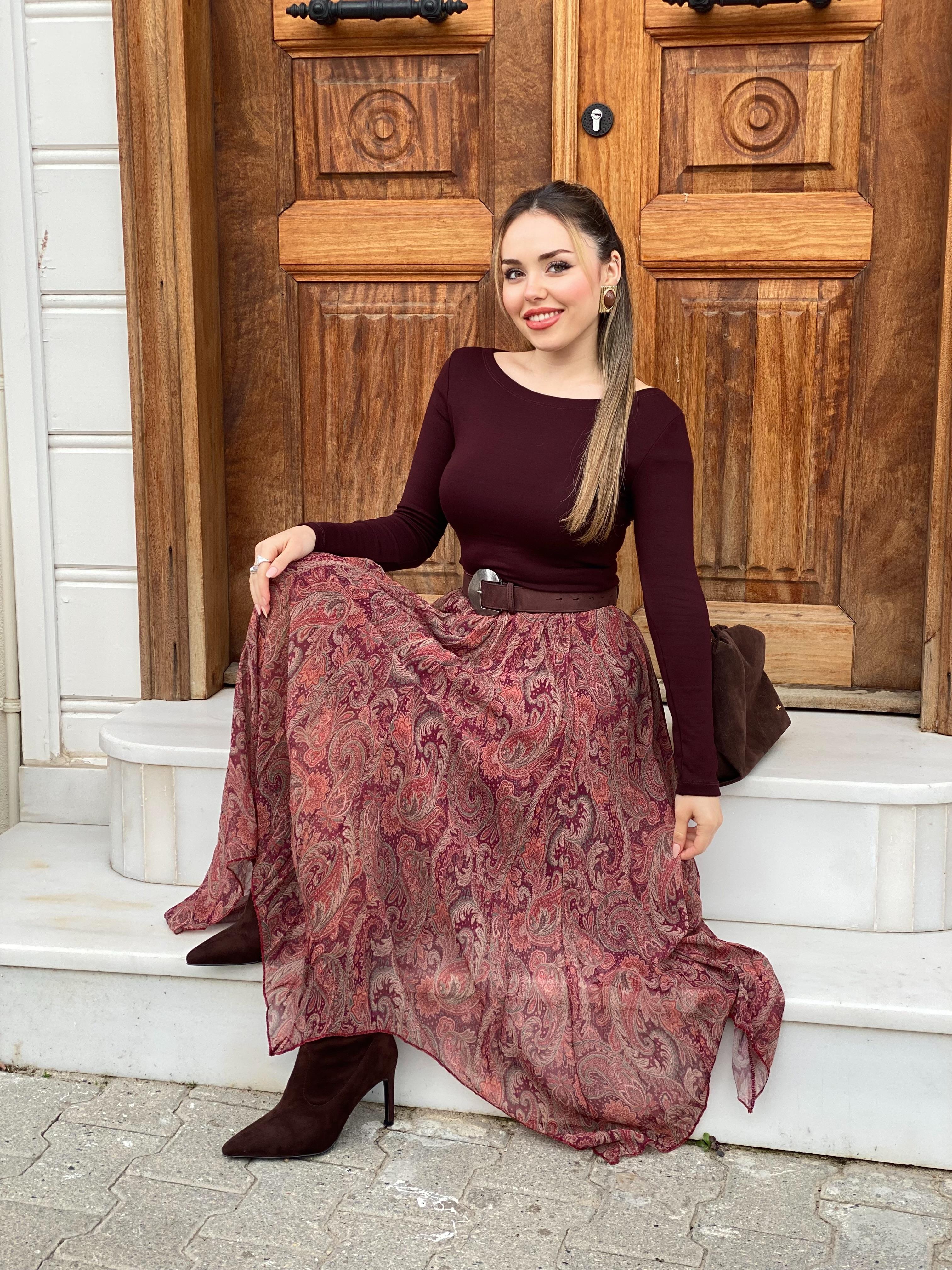 Şal Desenli Asimetrik Kesim Etek